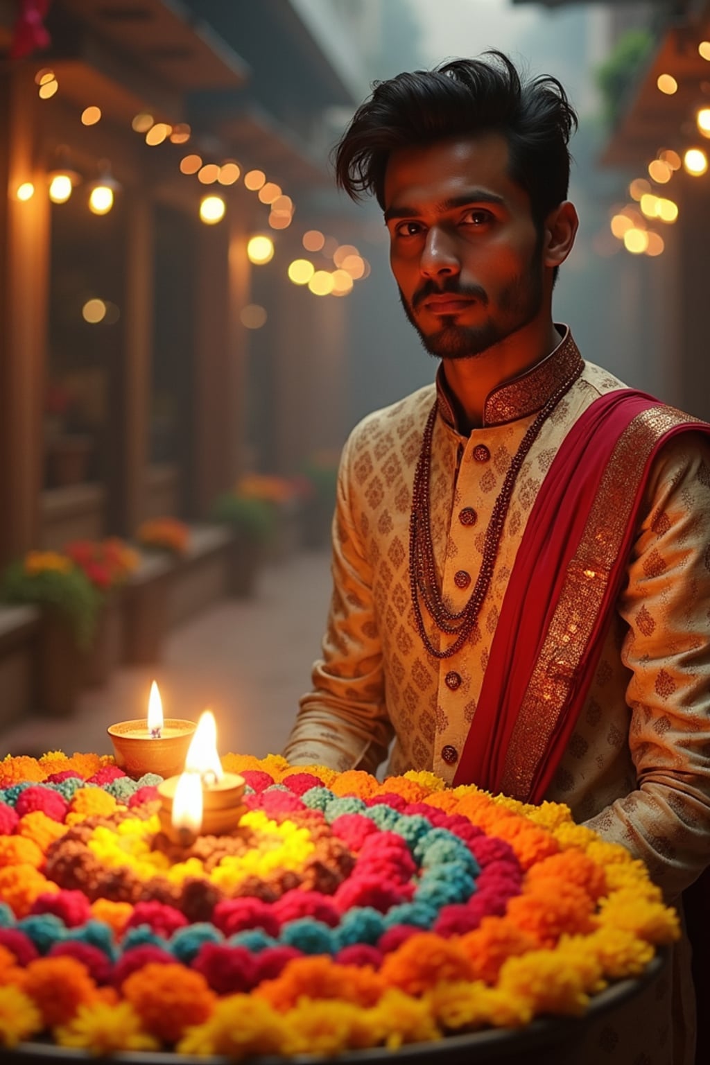 A man wearing a traditional Indian outfit like a sari or kurta, standing beside a rangoli made of colorful flowers and lit diyas, with a festive backdrop.