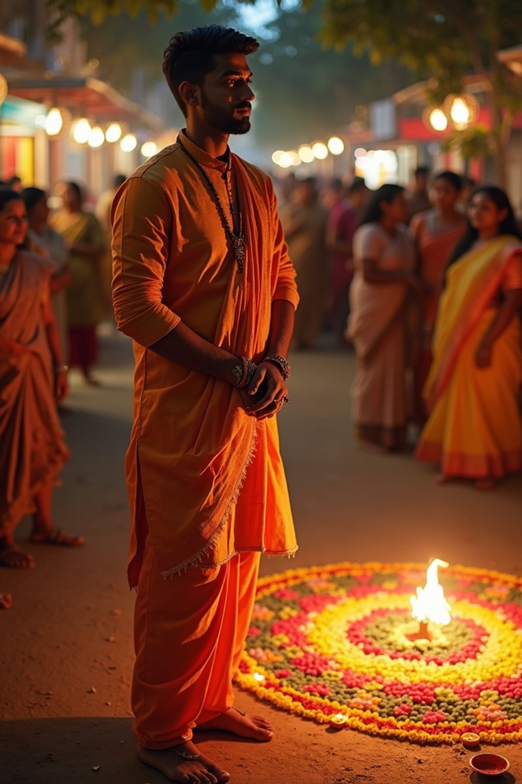 A man wearing a traditional Indian outfit like a sari or kurta, standing beside a rangoli made of colorful flowers and lit diyas, with a festive backdrop.