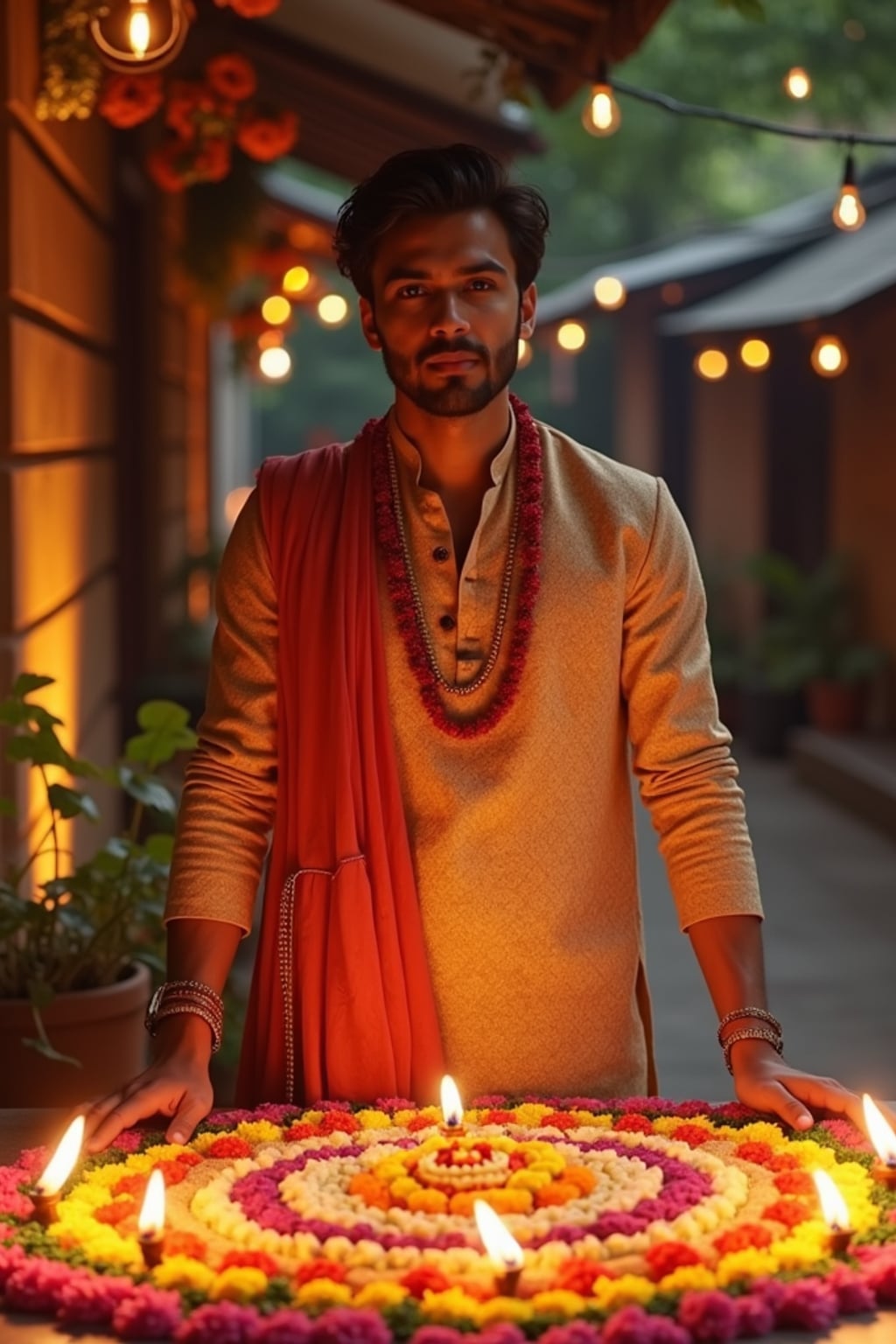 A man wearing a traditional Indian outfit like a sari or kurta, standing beside a rangoli made of colorful flowers and lit diyas, with a festive backdrop.