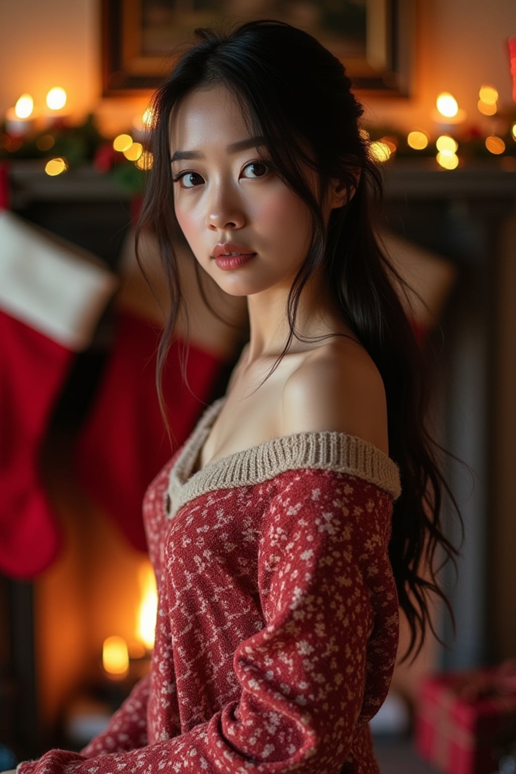 a woman posing for a christmas card photo, standing in front of a fireplace with stockings, garland, and holiday decorations.
