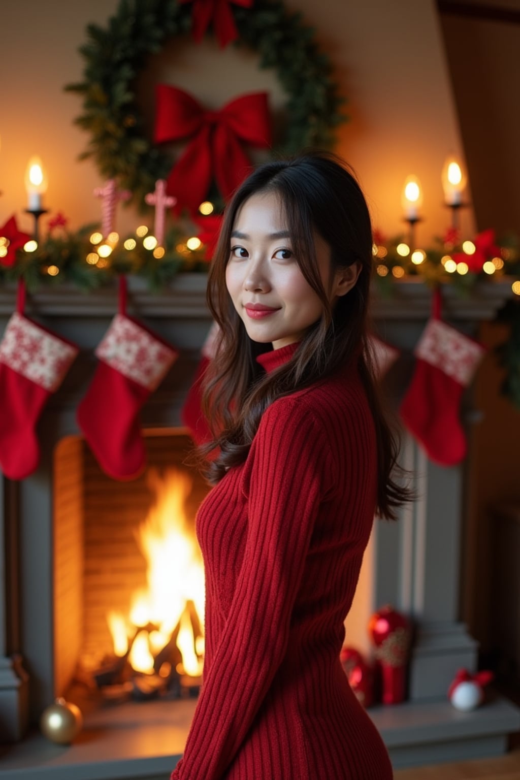 a woman posing for a christmas card photo, standing in front of a fireplace with stockings, garland, and holiday decorations.