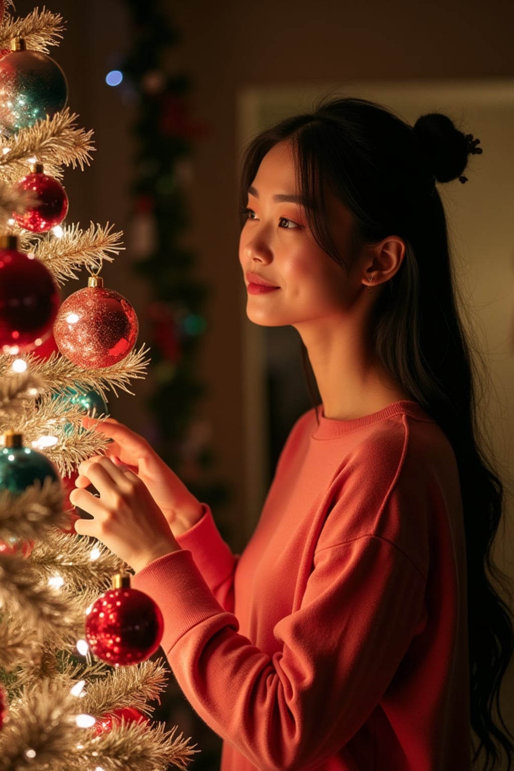 a woman decorating a christmas tree with colorful ornaments and tinsel, in a warm, festive setting.
