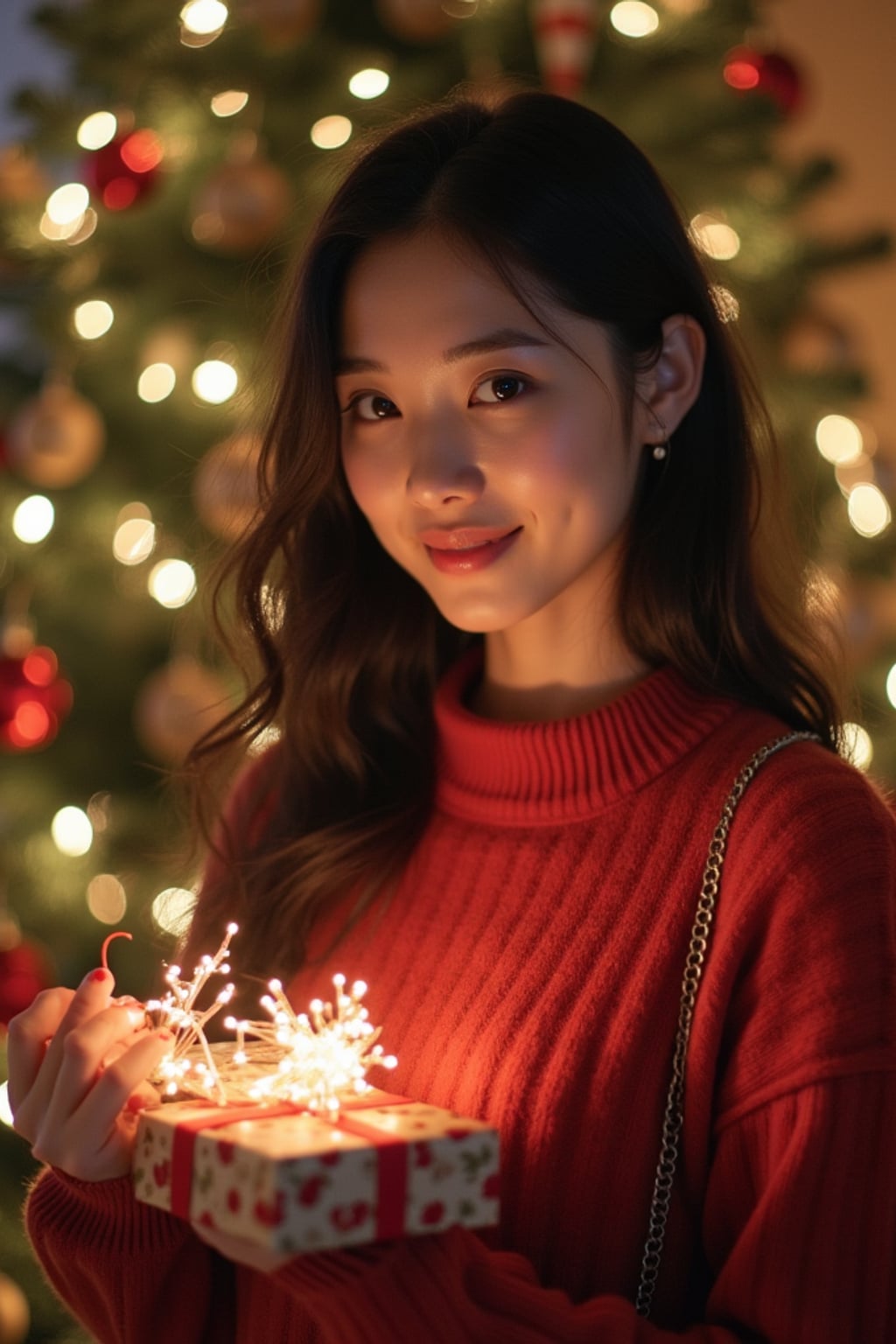 a woman posing in front of a christmas tree, holding presents, with snowflakes and festive lights in the background.