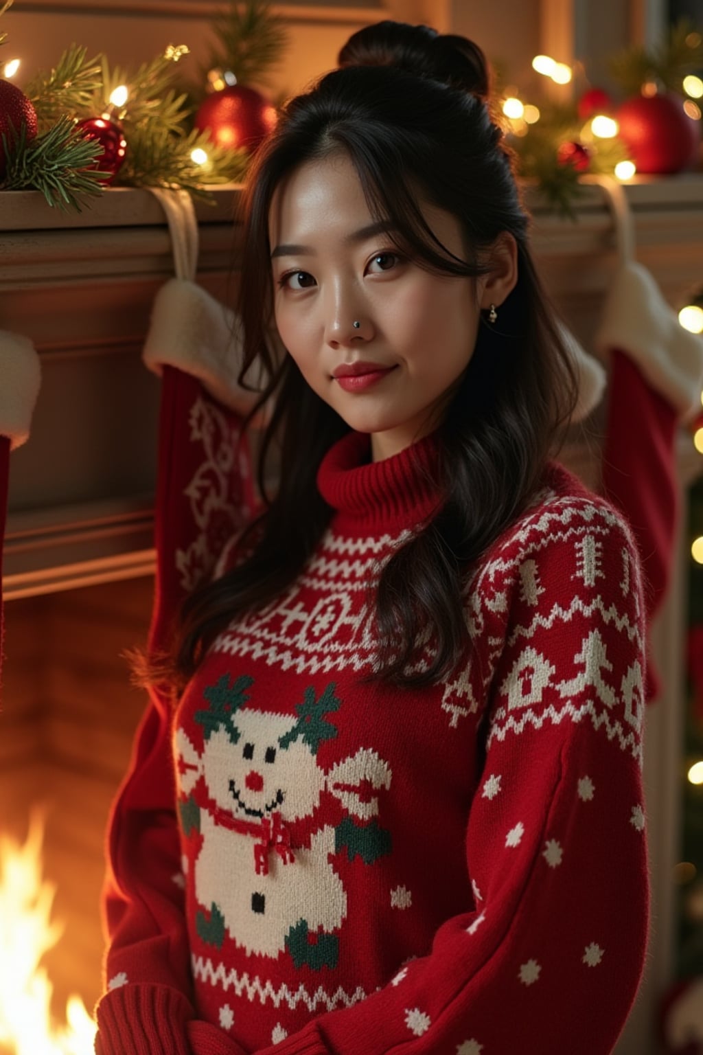 a woman wearing a cozy christmas sweater, standing by the fireplace with stockings and holiday decorations.