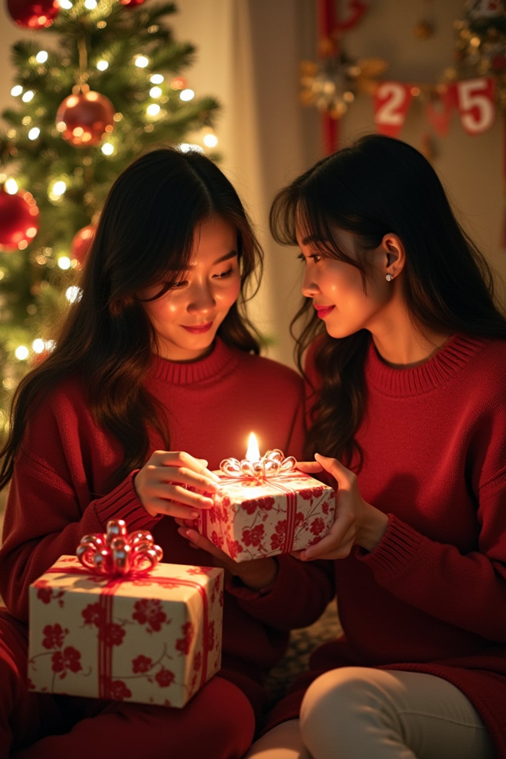 a woman sitting together by a decorated christmas tree, exchanging gifts with festive lights and ornaments in the background.