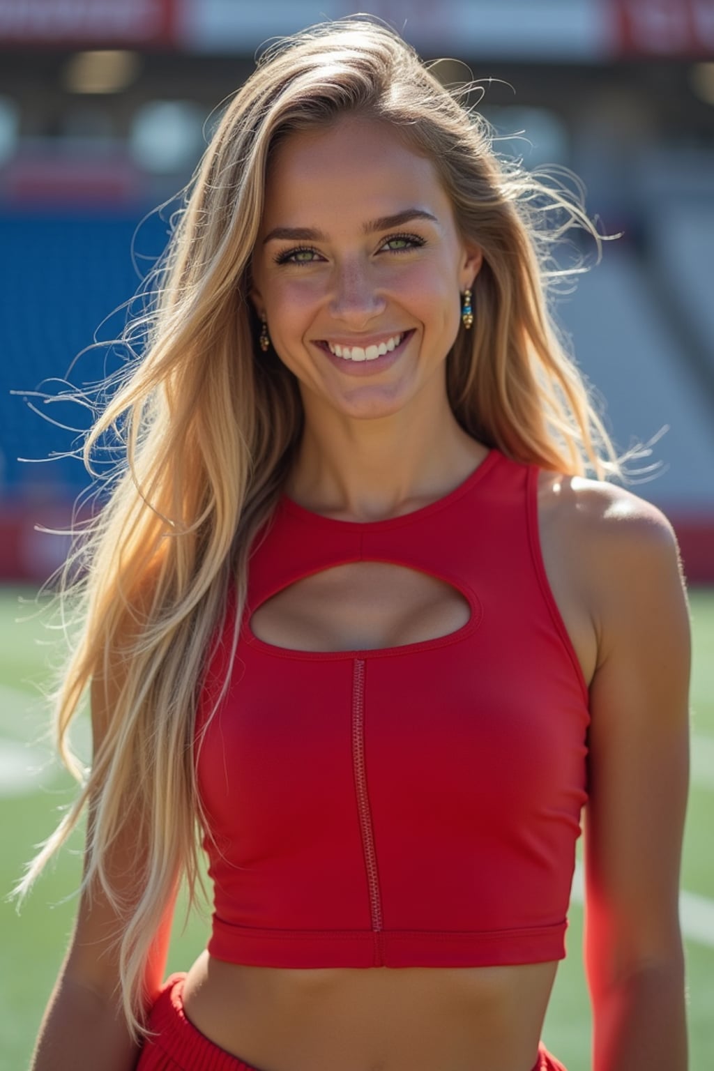 front view of woman smiling directly at camera. the woman wears a red cheerleading outfit featuring a crop top matching blue and white pleated skirt. the top has a cut-out design below the bust. dynamic and energetic pose, stadium background, vibrant lighting