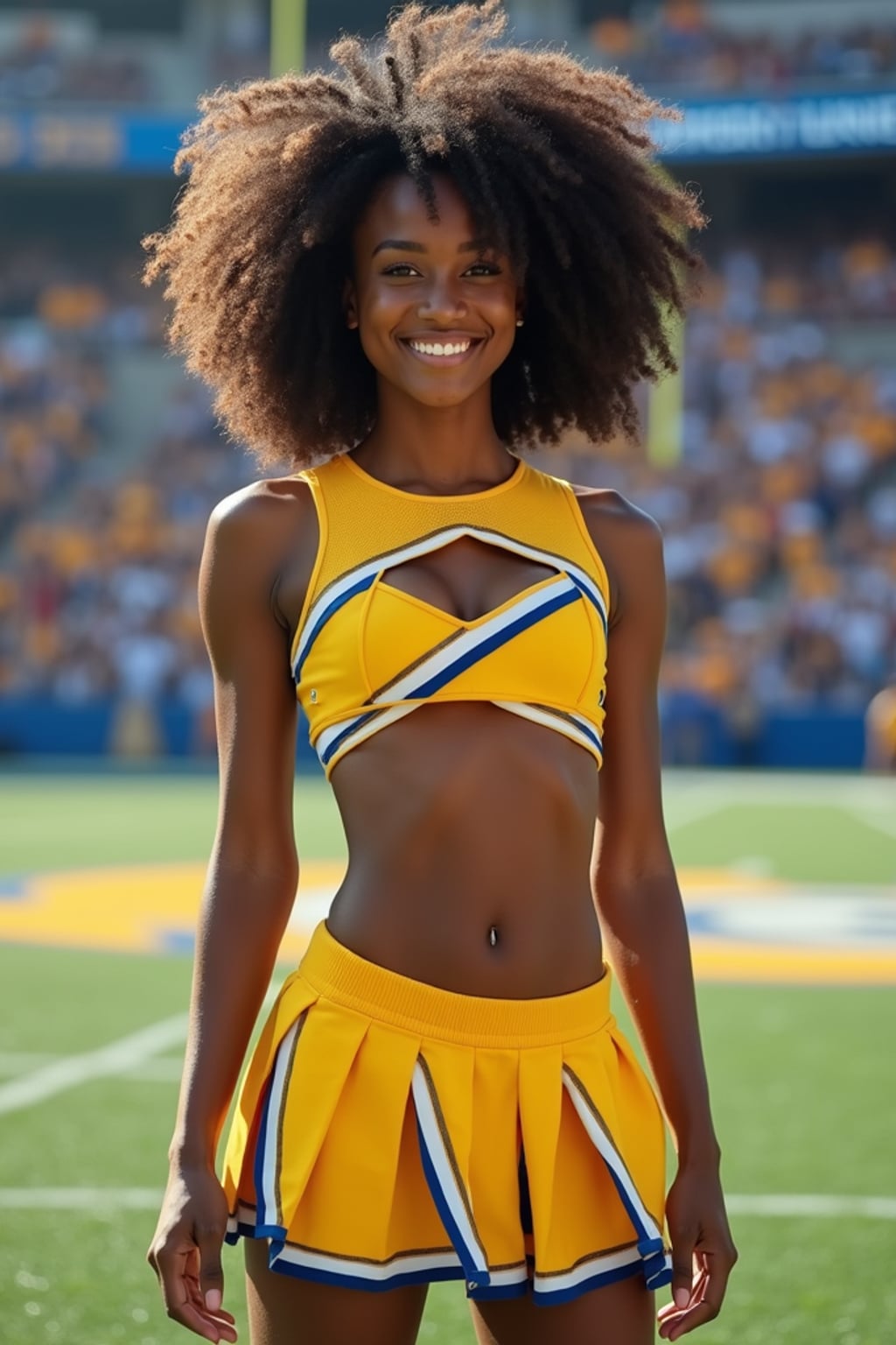 front view of woman smiling directly at camera. the woman wears a yellow cheerleading outfit featuring a crop top matching blue and white pleated skirt. the top has a cut-out design below the bust. dynamic and energetic pose, stadium background, vibrant lighting