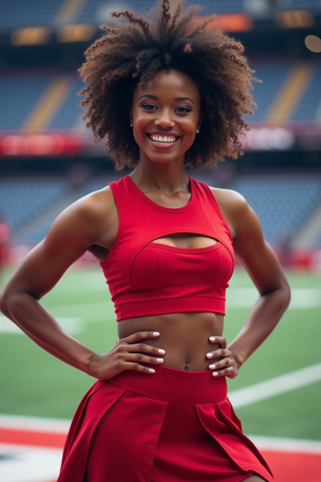 front view of woman smiling directly at camera. the woman wears a red cheerleading outfit featuring a crop top matching blue and white pleated skirt. the top has a cut-out design below the bust. dynamic and energetic pose, stadium background, vibrant lighting