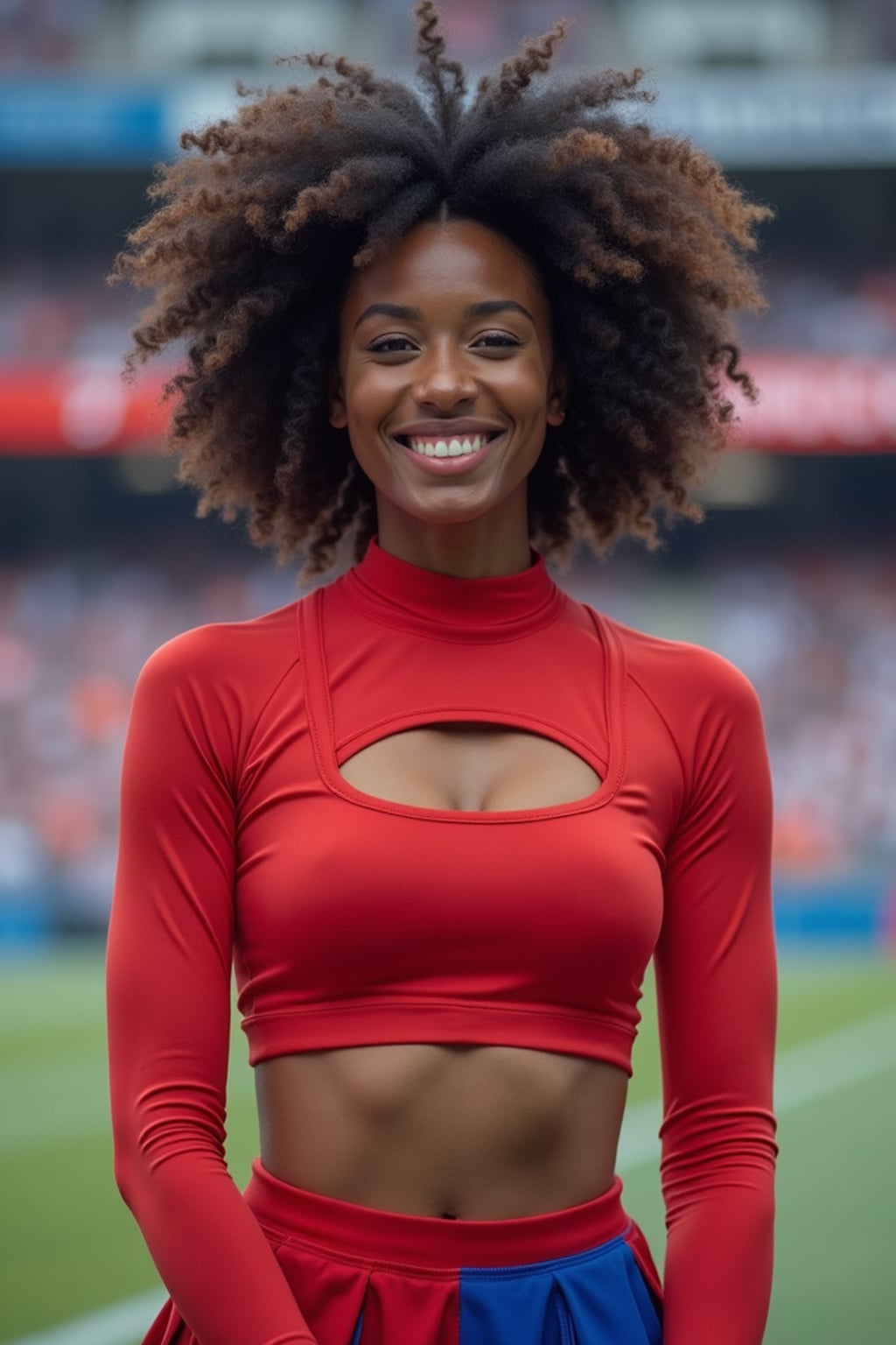 front view of woman smiling directly at camera. the woman wears a red cheerleading outfit featuring a crop top matching blue and white pleated skirt. the top has a cut-out design below the bust. dynamic and energetic pose, stadium background, vibrant lighting