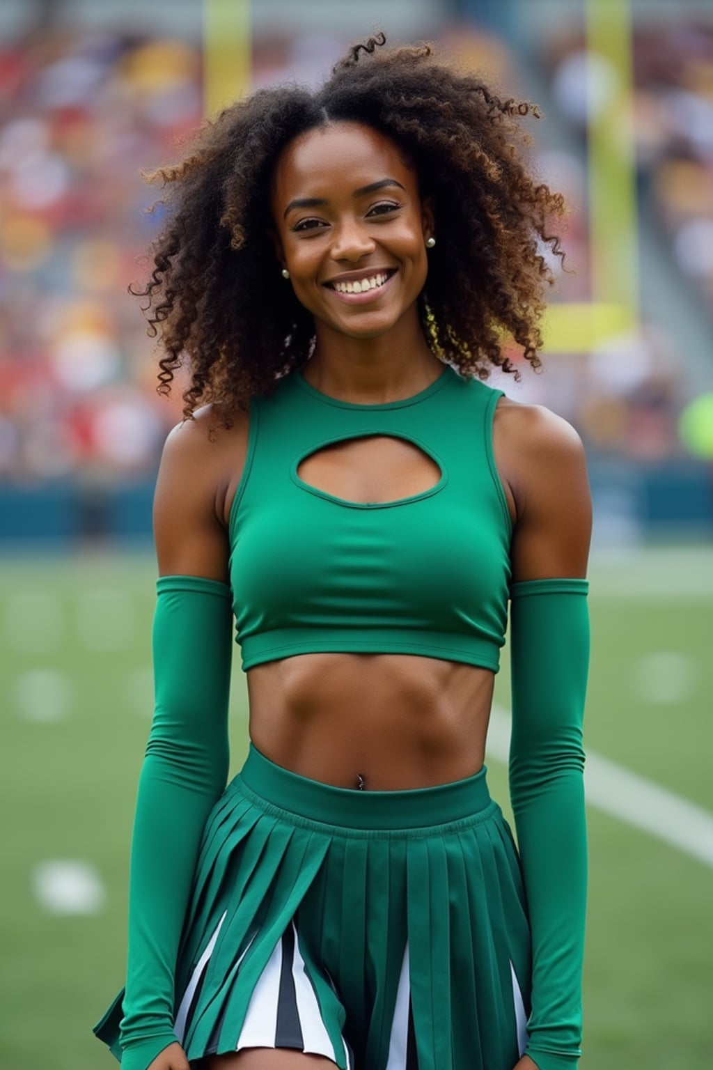 front view of woman smiling directly at camera. the woman wears a green cheerleading outfit featuring a crop top matching blue and white pleated skirt. the top has a cut-out design below the bust. dynamic and energetic pose, stadium background, vibrant lighting