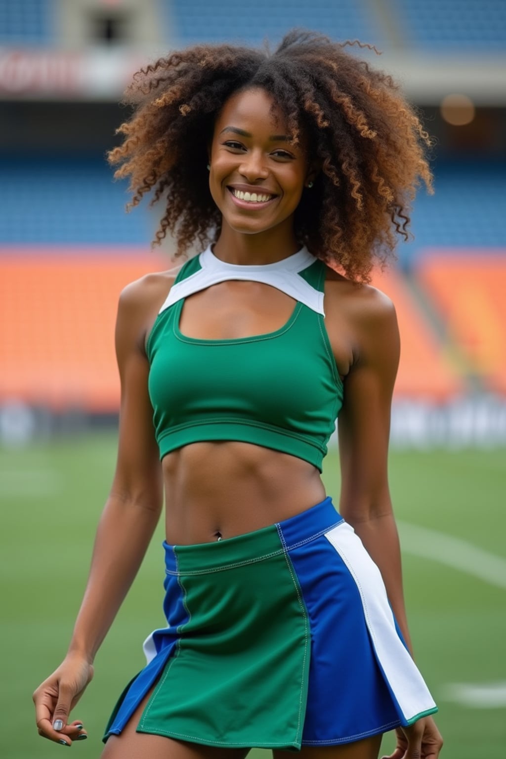 front view of woman smiling directly at camera. the woman wears a green cheerleading outfit featuring a crop top matching blue and white pleated skirt. the top has a cut-out design below the bust. dynamic and energetic pose, stadium background, vibrant lighting