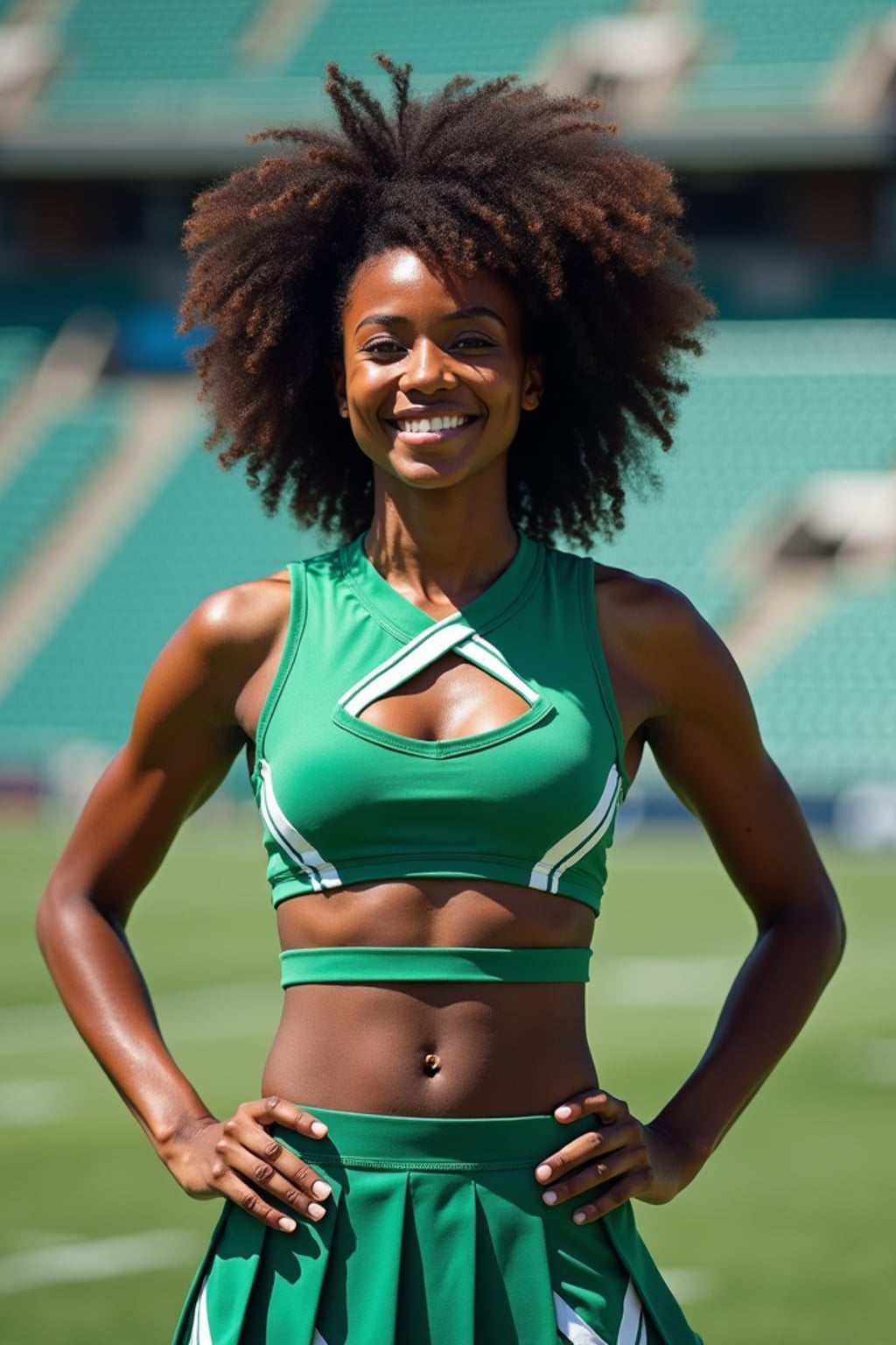 front view of woman smiling directly at camera. the woman wears a green cheerleading outfit featuring a crop top matching blue and white pleated skirt. the top has a cut-out design below the bust. dynamic and energetic pose, stadium background, vibrant lighting