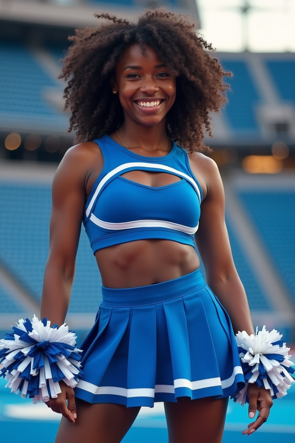 Front view of woman smiling directly at camera. The woman wears a blue cheerleading outfit featuring a crop top matching blue and white pleated skirt. The top has a cut-out design below the bust. dynamic and energetic pose, stadium background, vibrant lighting