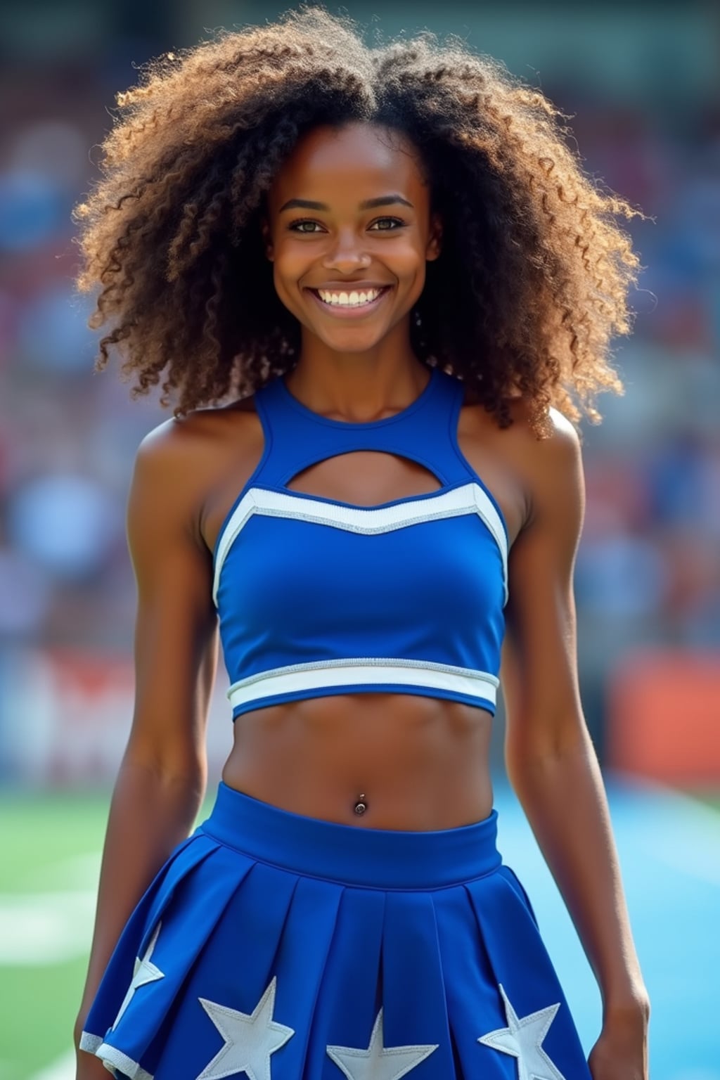 Front view of woman smiling directly at camera. The woman wears a blue cheerleading outfit featuring a crop top matching blue and white pleated skirt. The top has a cut-out design below the bust. dynamic and energetic pose, stadium background, vibrant lighting