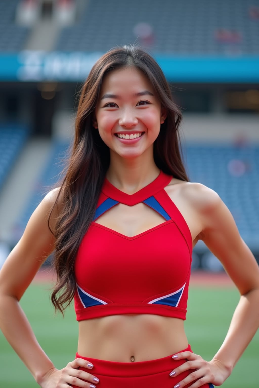 front view of woman smiling directly at camera. the woman wears a red cheerleading outfit featuring a crop top matching blue and white pleated skirt. the top has a cut-out design below the bust. dynamic and energetic pose, stadium background, vibrant lighting