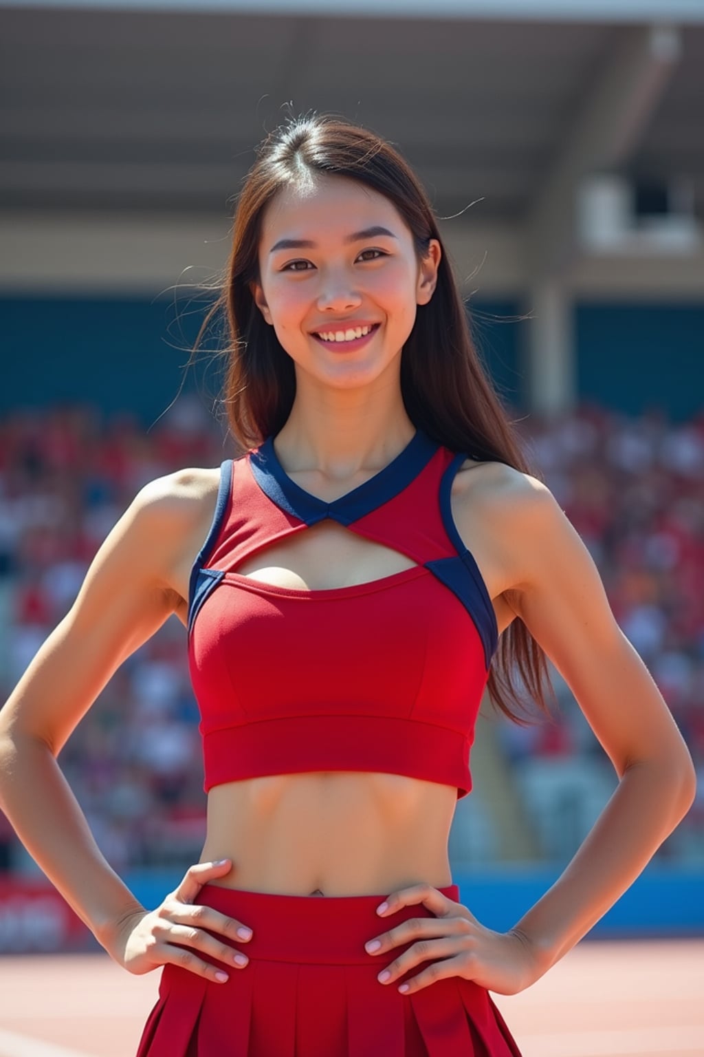 front view of woman smiling directly at camera. the woman wears a red cheerleading outfit featuring a crop top matching blue and white pleated skirt. the top has a cut-out design below the bust. dynamic and energetic pose, stadium background, vibrant lighting