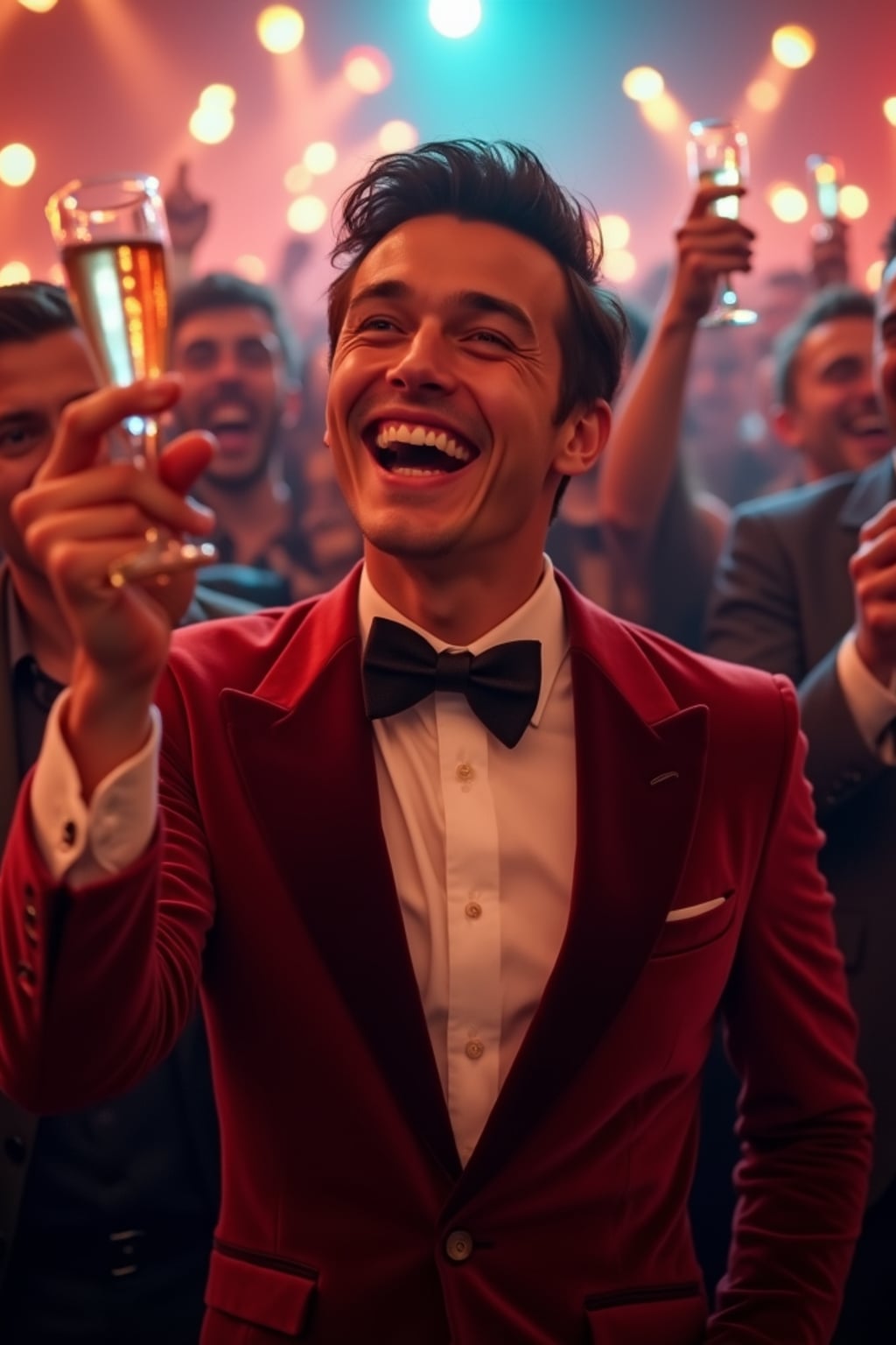 Candid view of man laughing joyfully, dressed as  a suave gentleman in a tailored velvet blazer with a bow tie. Set in a vibrant party scene, surrounded by people cheering and raising champagne glasses. Dynamic lighting.
