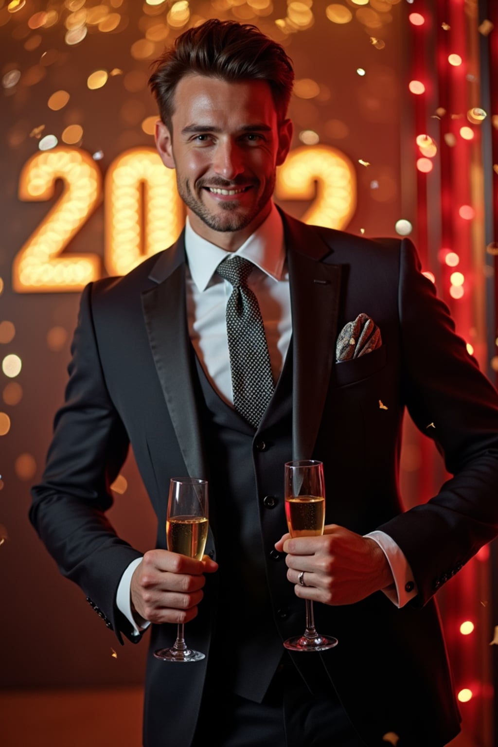 Model posing confidently, wearing  a classy three-piece suit with a patterned tie and cufflinks. Surrounded by champagne glasses and confetti in a luxurious New Year’s Eve party setting. Vibrant lighting.