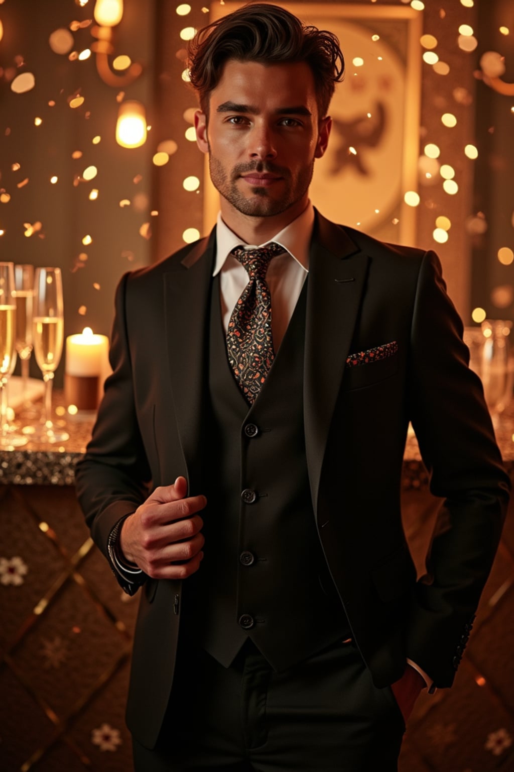Model posing confidently, wearing  a classy three-piece suit with a patterned tie and cufflinks. Surrounded by champagne glasses and confetti in a luxurious New Year’s Eve party setting. Vibrant lighting.