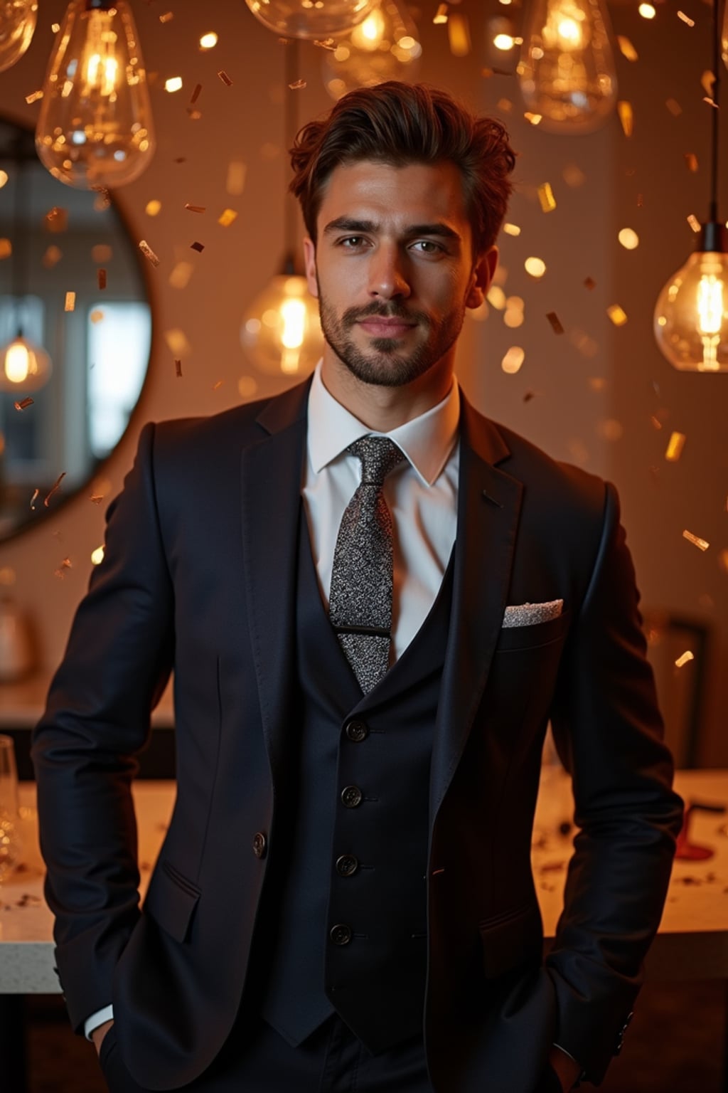 Model posing confidently, wearing  a classy three-piece suit with a patterned tie and cufflinks. Surrounded by champagne glasses and confetti in a luxurious New Year’s Eve party setting. Vibrant lighting.