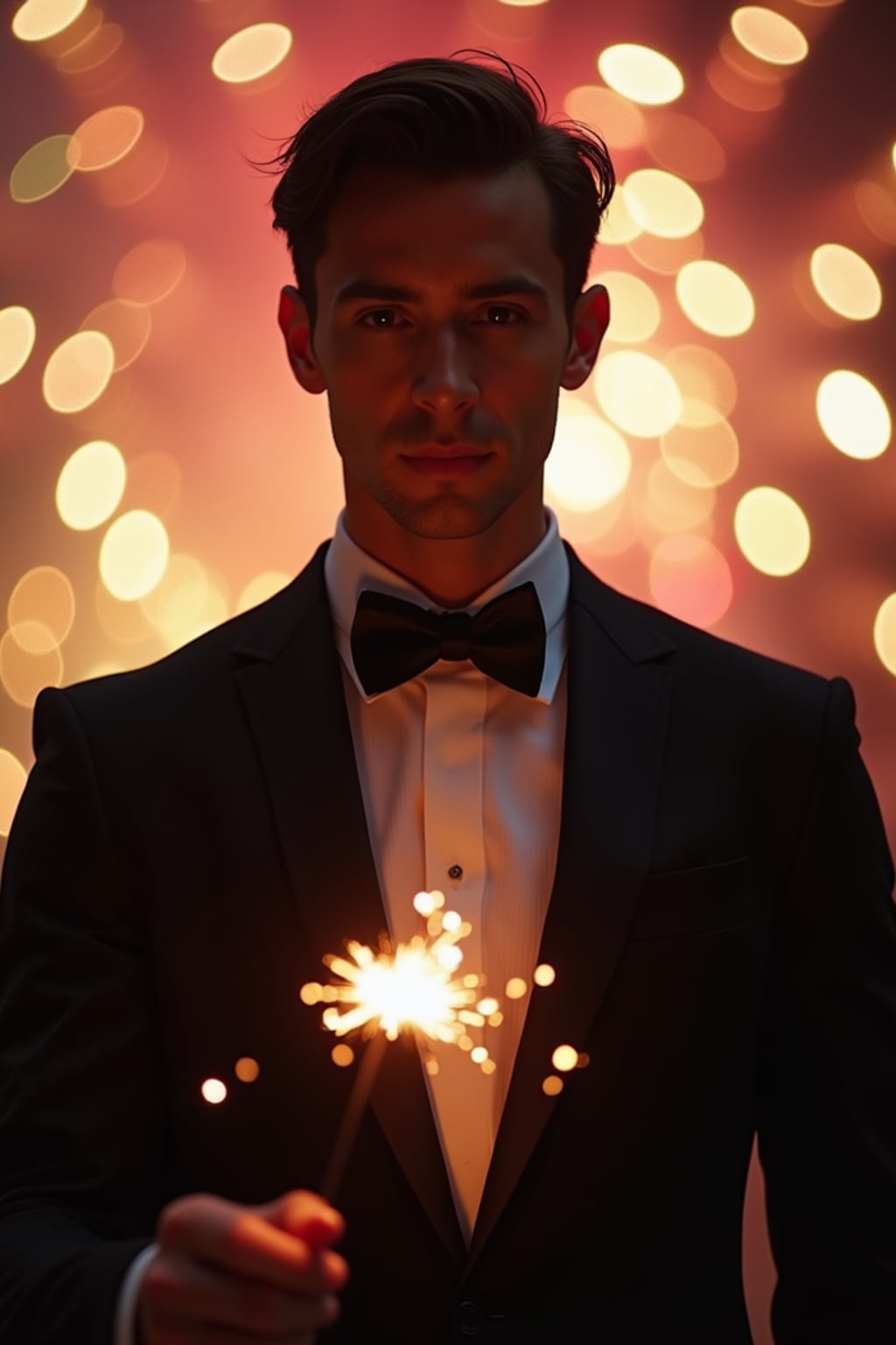 Front view of man in  a sleek black tuxedo with a velvet bow tie. The man is holding a sparkler in a festive environment with colorful fireworks in the background. Cinematic lighting.