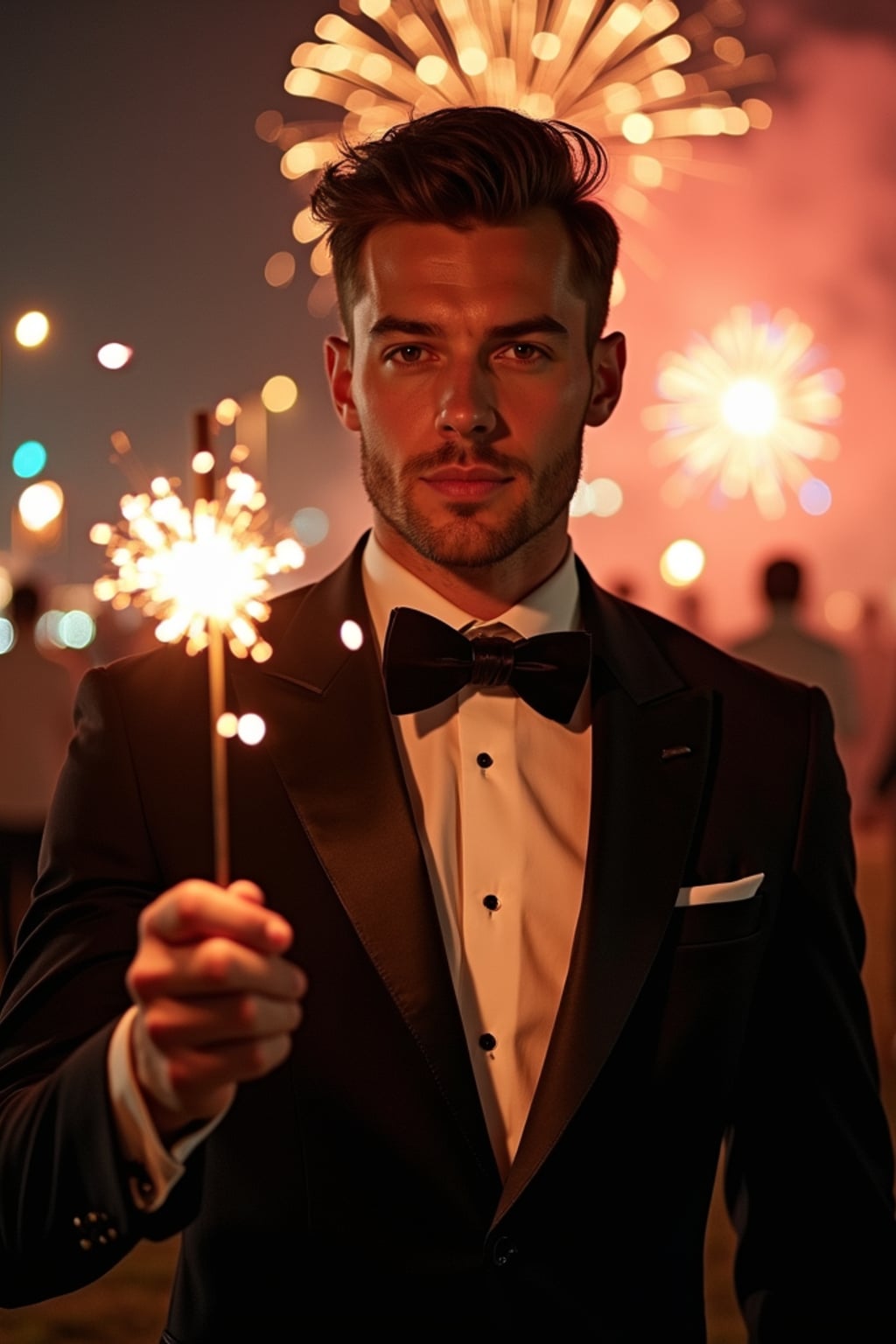 Front view of man in  a sleek black tuxedo with a velvet bow tie. The man is holding a sparkler in a festive environment with colorful fireworks in the background. Cinematic lighting.