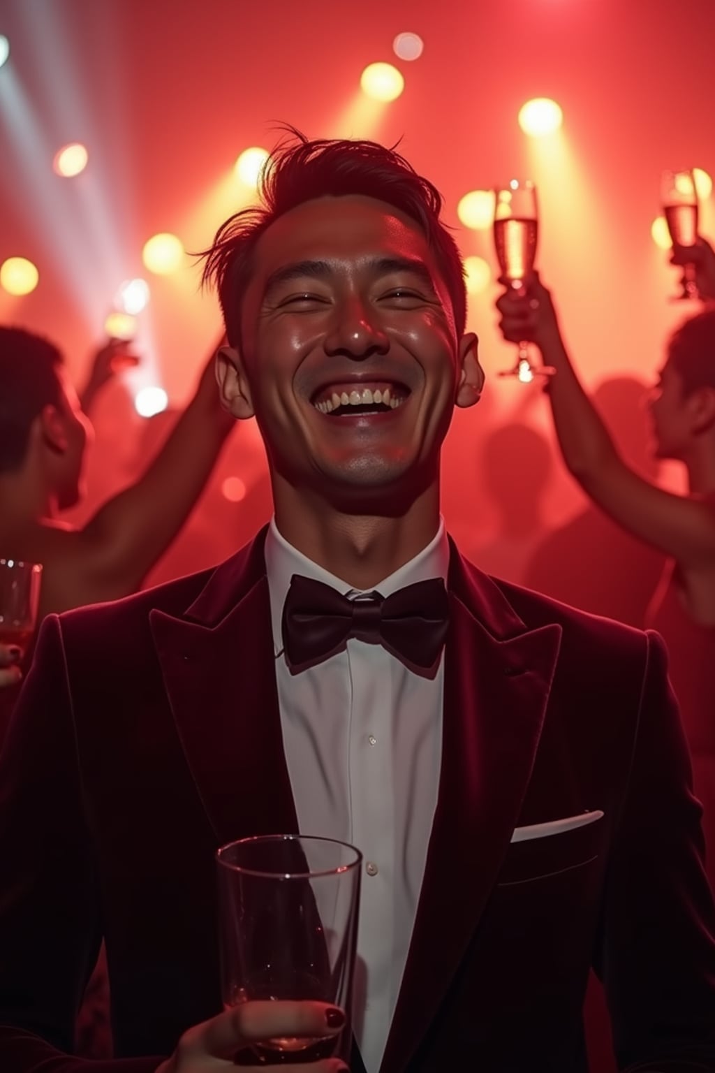 Candid view of man laughing joyfully, dressed as  a suave gentleman in a tailored velvet blazer with a bow tie. Set in a vibrant party scene, surrounded by people cheering and raising champagne glasses. Dynamic lighting.