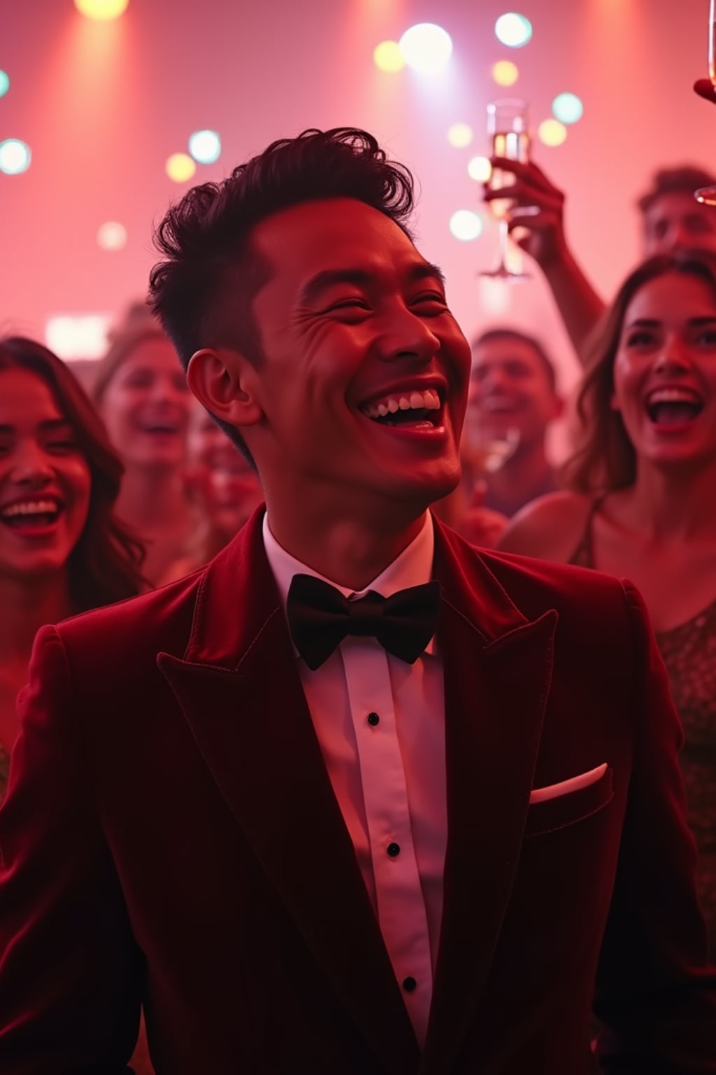 Candid view of man laughing joyfully, dressed as  a suave gentleman in a tailored velvet blazer with a bow tie. Set in a vibrant party scene, surrounded by people cheering and raising champagne glasses. Dynamic lighting.