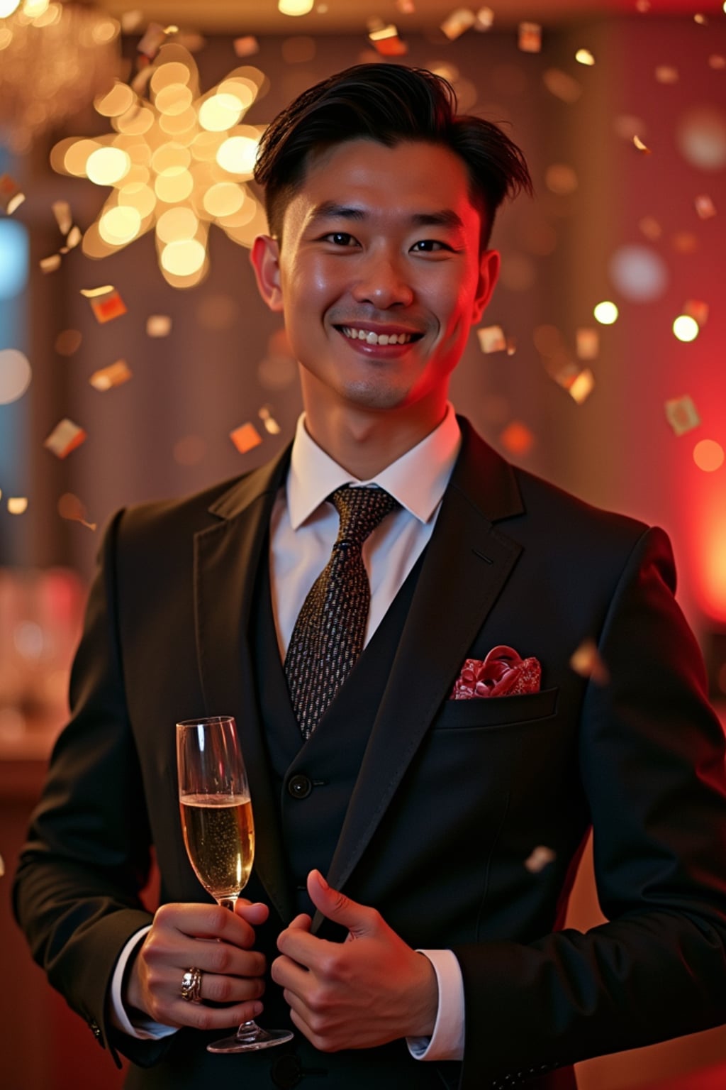 Model posing confidently, wearing  a classy three-piece suit with a patterned tie and cufflinks. Surrounded by champagne glasses and confetti in a luxurious New Year’s Eve party setting. Vibrant lighting.