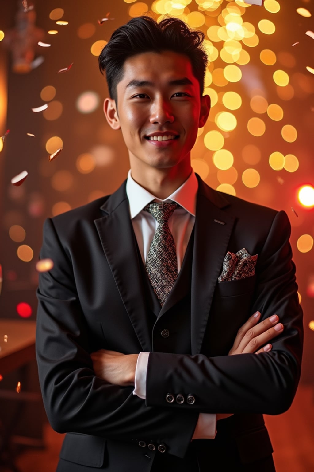 Model posing confidently, wearing  a classy three-piece suit with a patterned tie and cufflinks. Surrounded by champagne glasses and confetti in a luxurious New Year’s Eve party setting. Vibrant lighting.