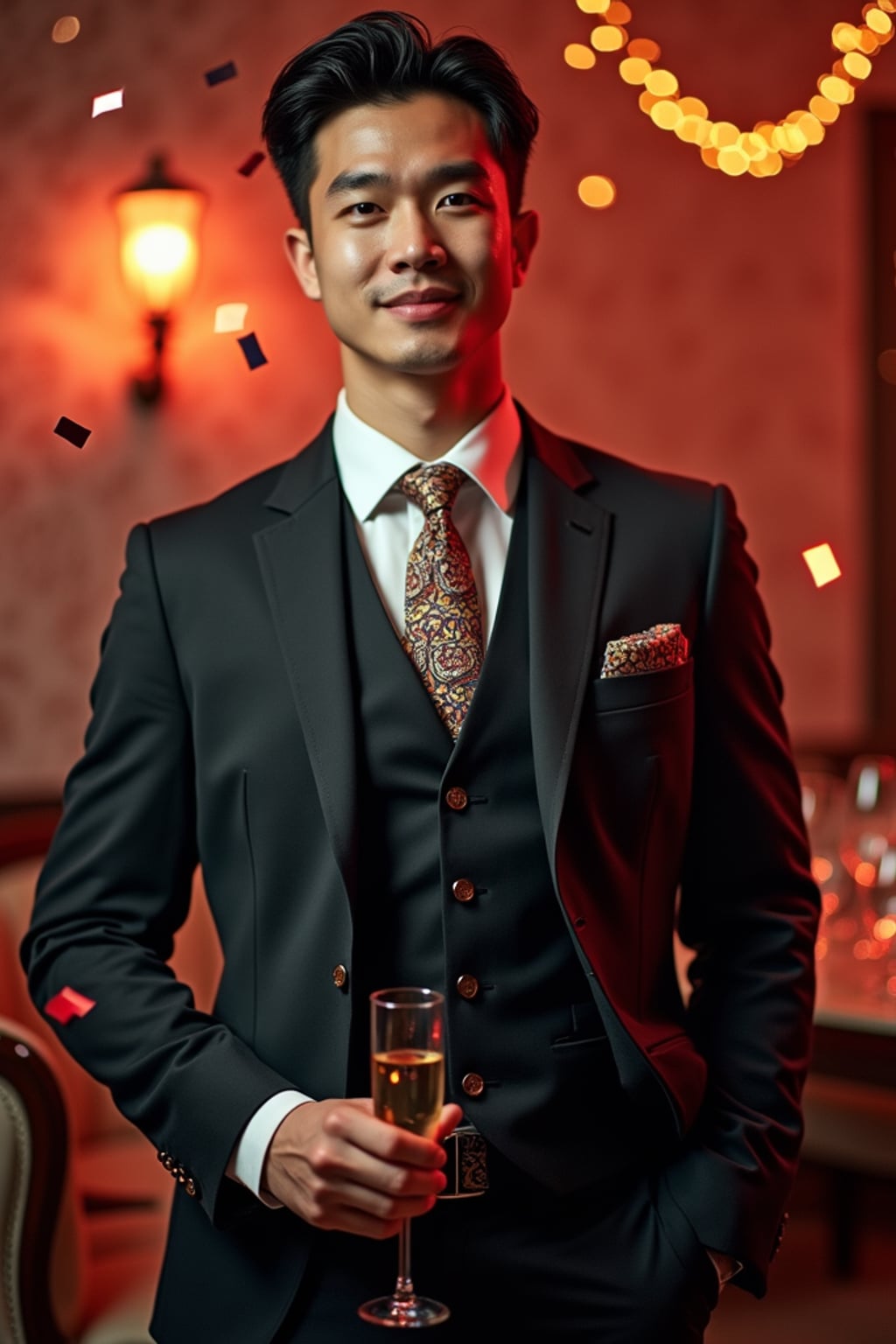 Model posing confidently, wearing  a classy three-piece suit with a patterned tie and cufflinks. Surrounded by champagne glasses and confetti in a luxurious New Year’s Eve party setting. Vibrant lighting.