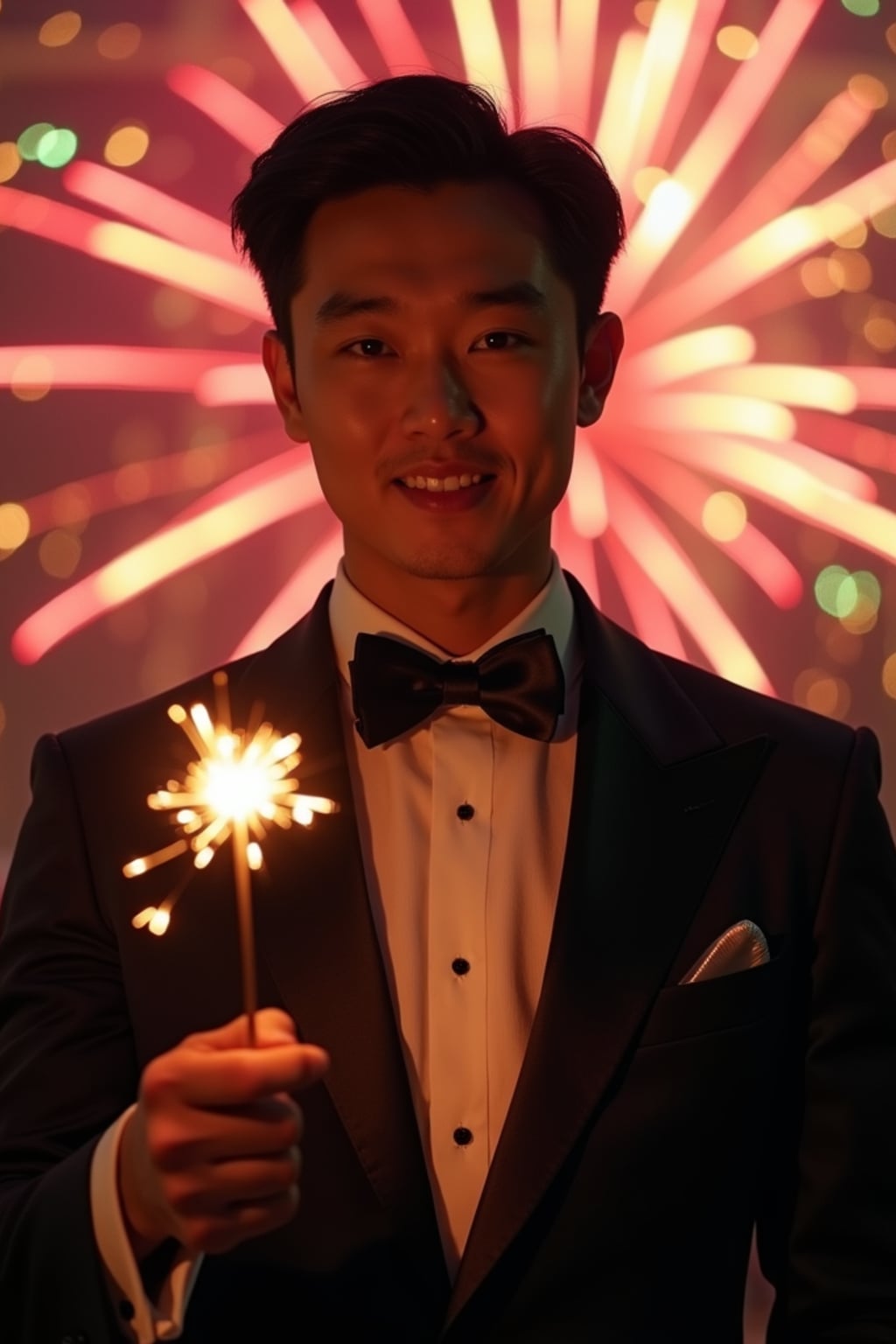 Front view of man in  a sleek black tuxedo with a velvet bow tie. The man is holding a sparkler in a festive environment with colorful fireworks in the background. Cinematic lighting.
