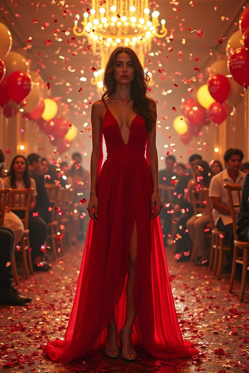 Wide shot of woman standing amidst a cascade of confetti. The woman wears a sexy red cocktail dress with shimmering heels . The scene features a decorated ballroom with 'Happy New Year' balloons. Soft glowing lighting.