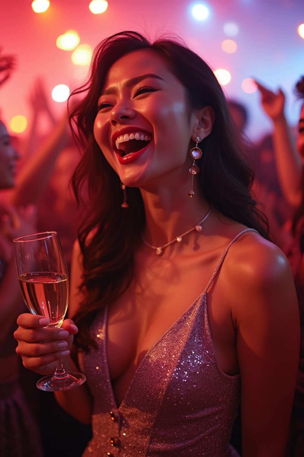 Candid view of woman laughing joyfully, dressed as a glamorous diva in a sparkling silver dress with bold makeup . Set in a vibrant party scene, surrounded by people cheering and raising champagne glasses. Dynamic lighting.