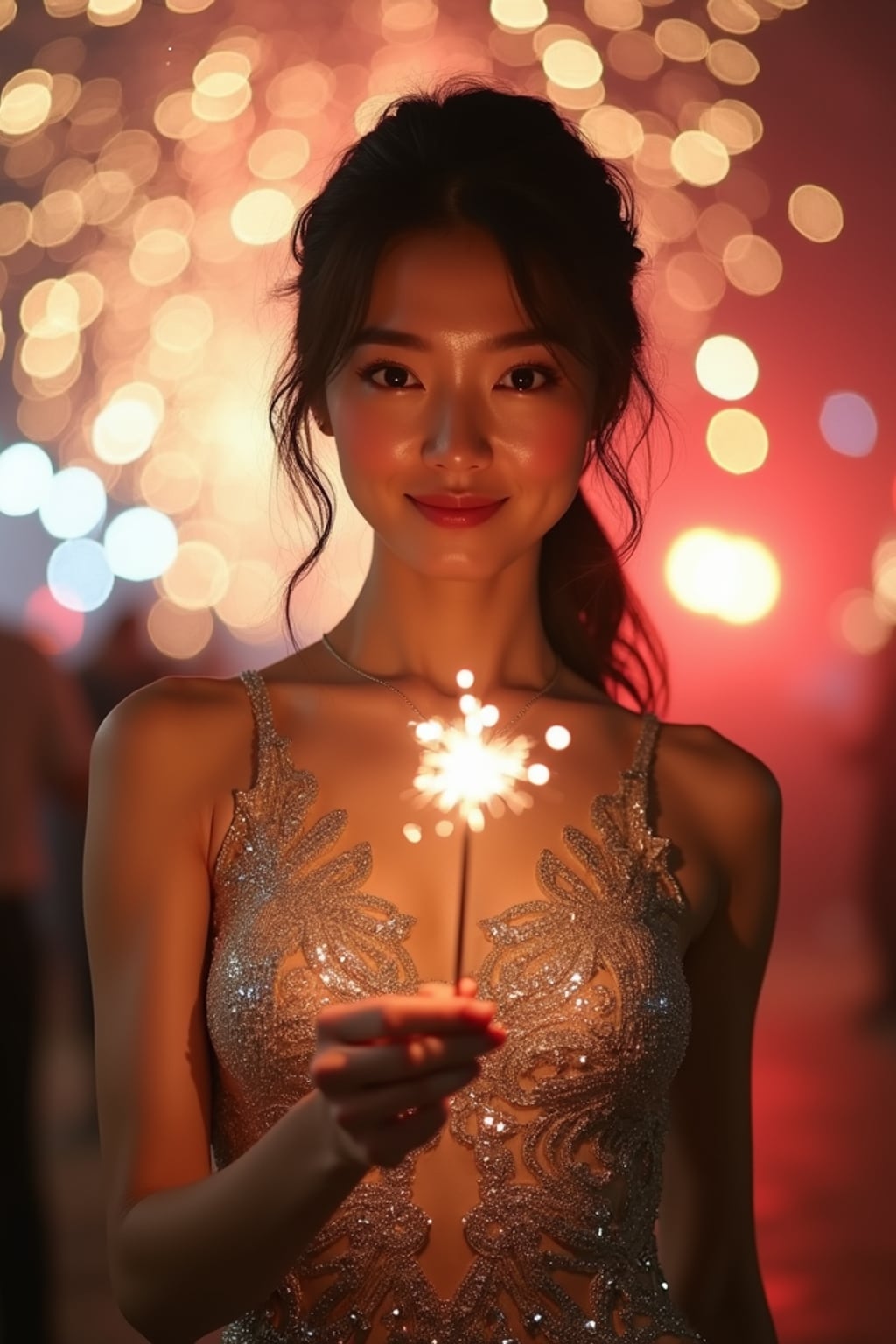 Front view of woman in a shimmering silver gown with intricate sequins . The woman is holding a sparkler in a festive environment with colorful fireworks in the background. Cinematic lighting.