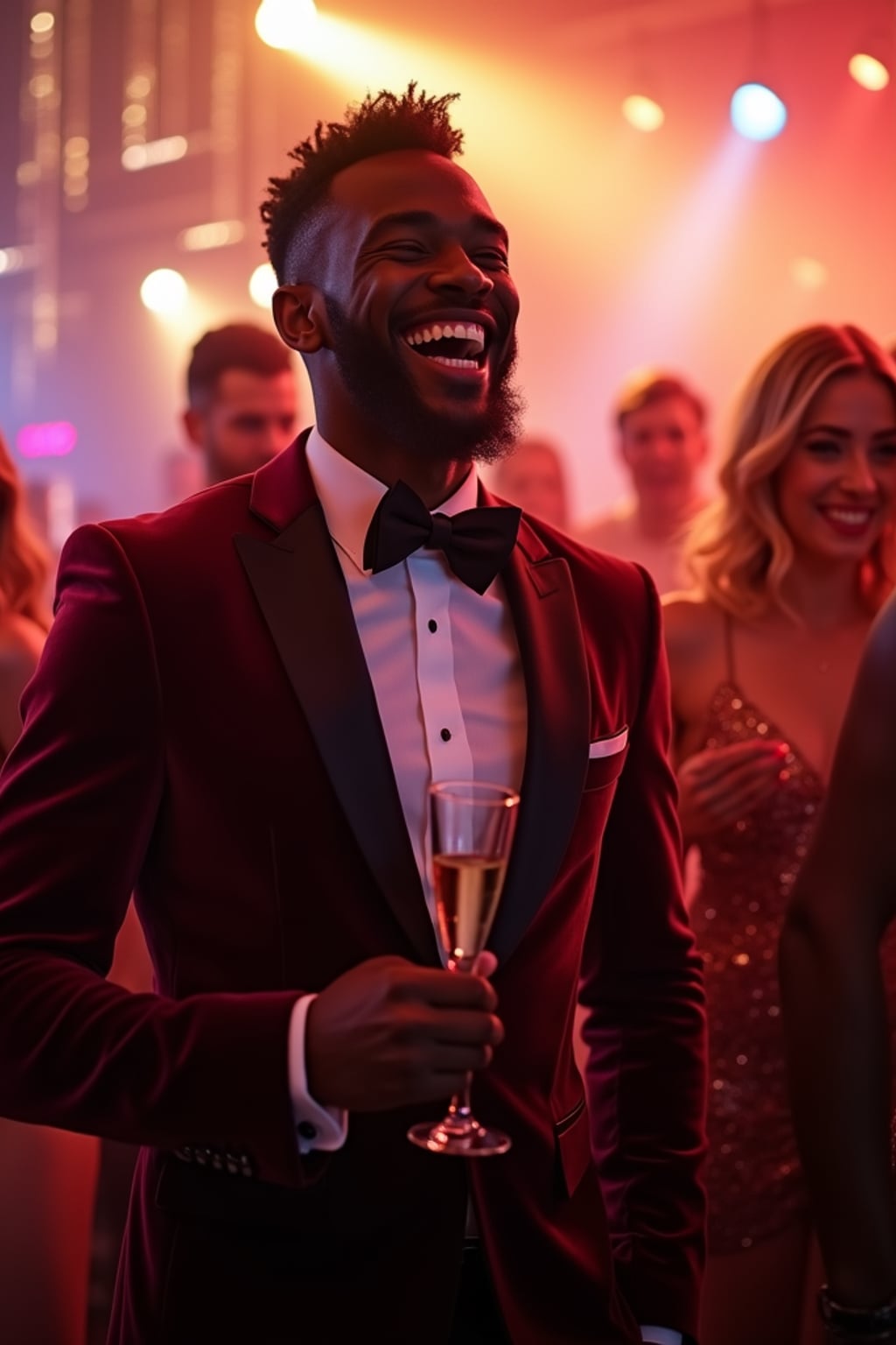 Candid view of man laughing joyfully, dressed as  a suave gentleman in a tailored velvet blazer with a bow tie. Set in a vibrant party scene, surrounded by people cheering and raising champagne glasses. Dynamic lighting.