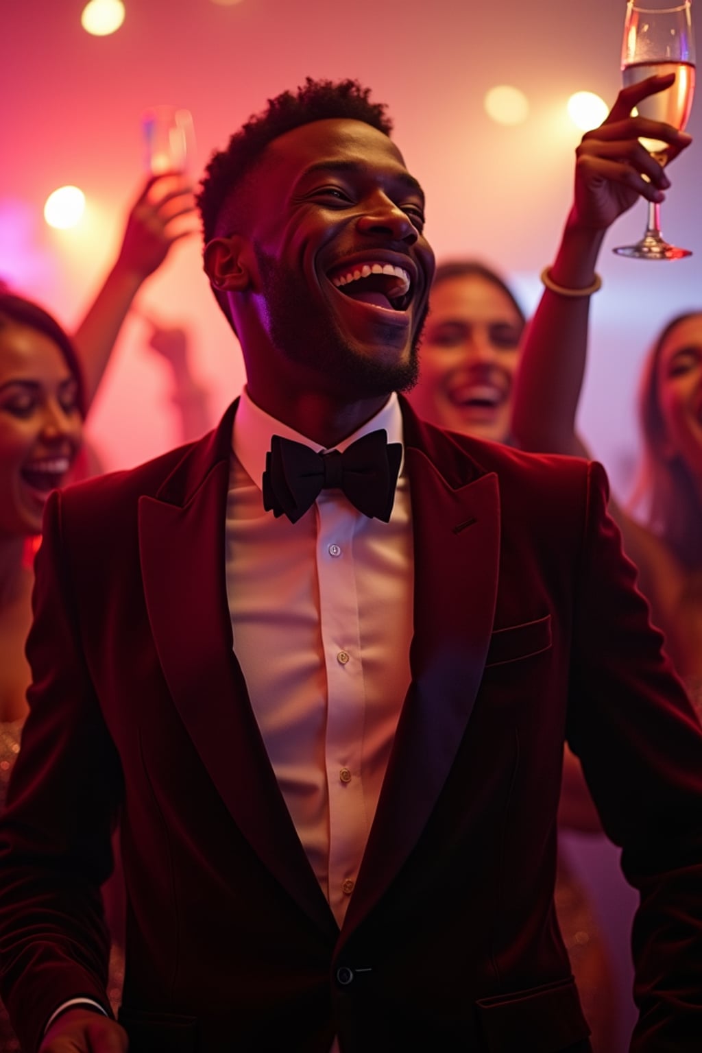Candid view of man laughing joyfully, dressed as  a suave gentleman in a tailored velvet blazer with a bow tie. Set in a vibrant party scene, surrounded by people cheering and raising champagne glasses. Dynamic lighting.