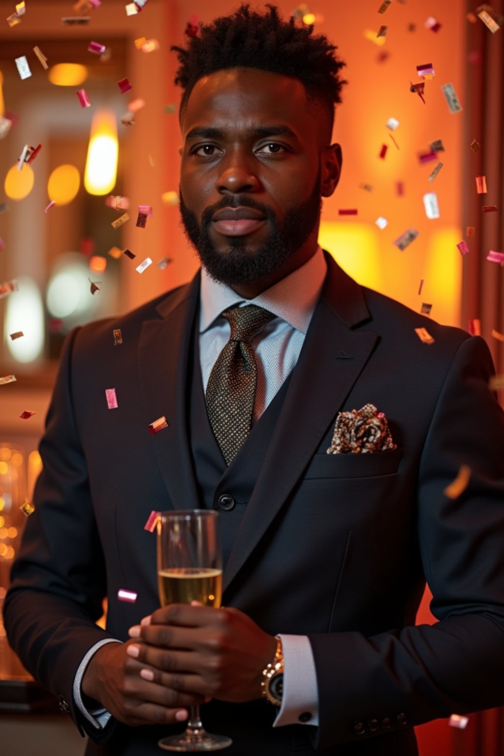 Model posing confidently, wearing  a classy three-piece suit with a patterned tie and cufflinks. Surrounded by champagne glasses and confetti in a luxurious New Year’s Eve party setting. Vibrant lighting.
