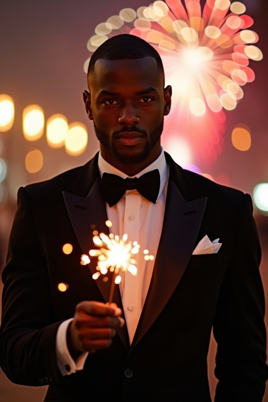 Front view of man in  a sleek black tuxedo with a velvet bow tie. The man is holding a sparkler in a festive environment with colorful fireworks in the background. Cinematic lighting.