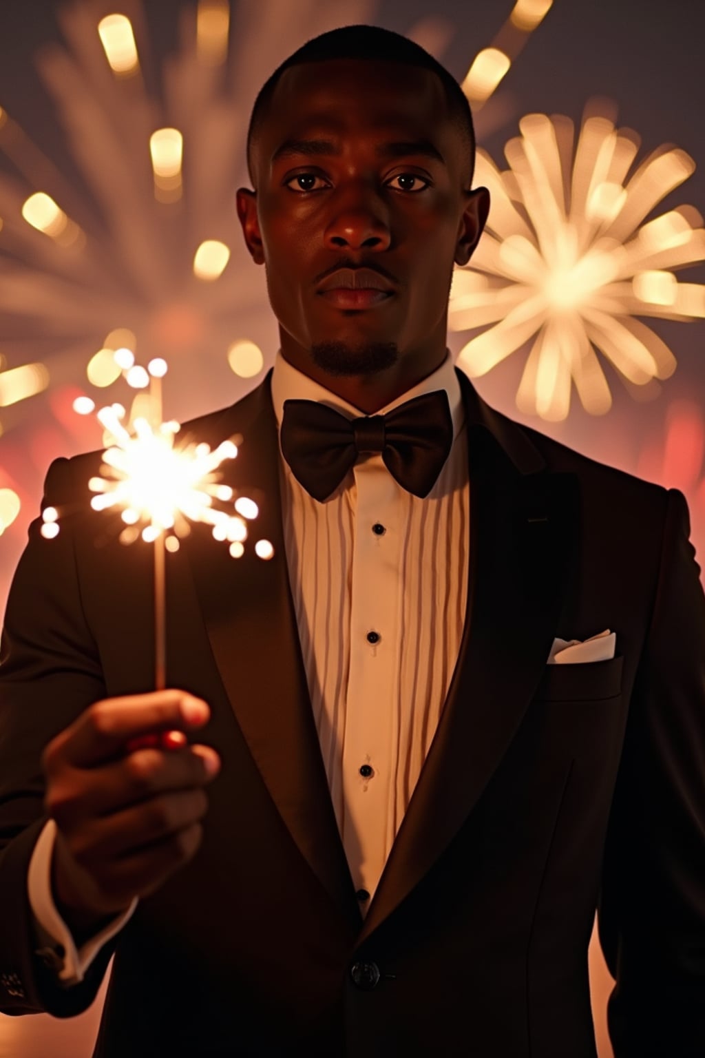Front view of man in  a sleek black tuxedo with a velvet bow tie. The man is holding a sparkler in a festive environment with colorful fireworks in the background. Cinematic lighting.