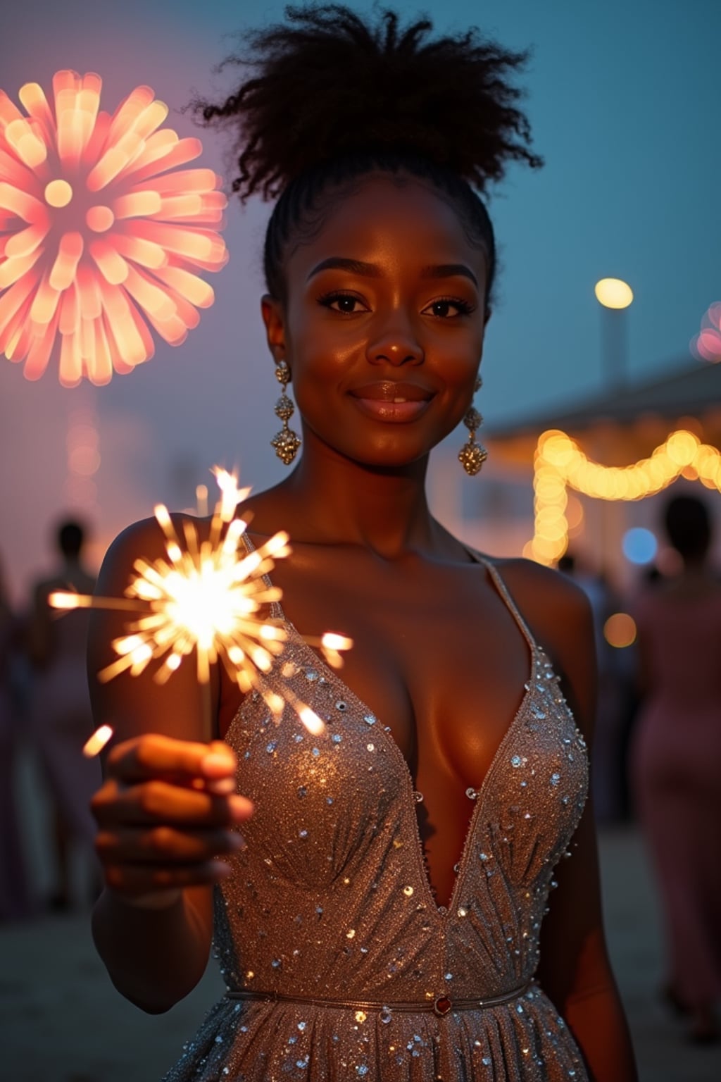 Front view of woman in a shimmering silver gown with intricate sequins . The woman is holding a sparkler in a festive environment with colorful fireworks in the background. Cinematic lighting.
