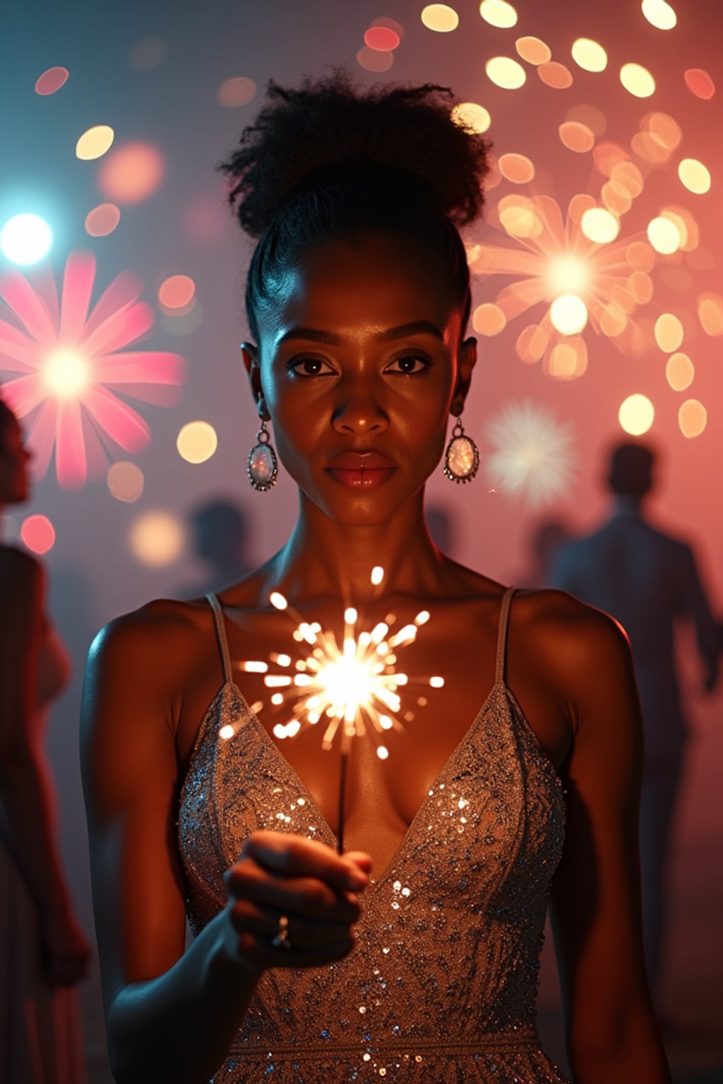 Front view of woman in a shimmering silver gown with intricate sequins . The woman is holding a sparkler in a festive environment with colorful fireworks in the background. Cinematic lighting.