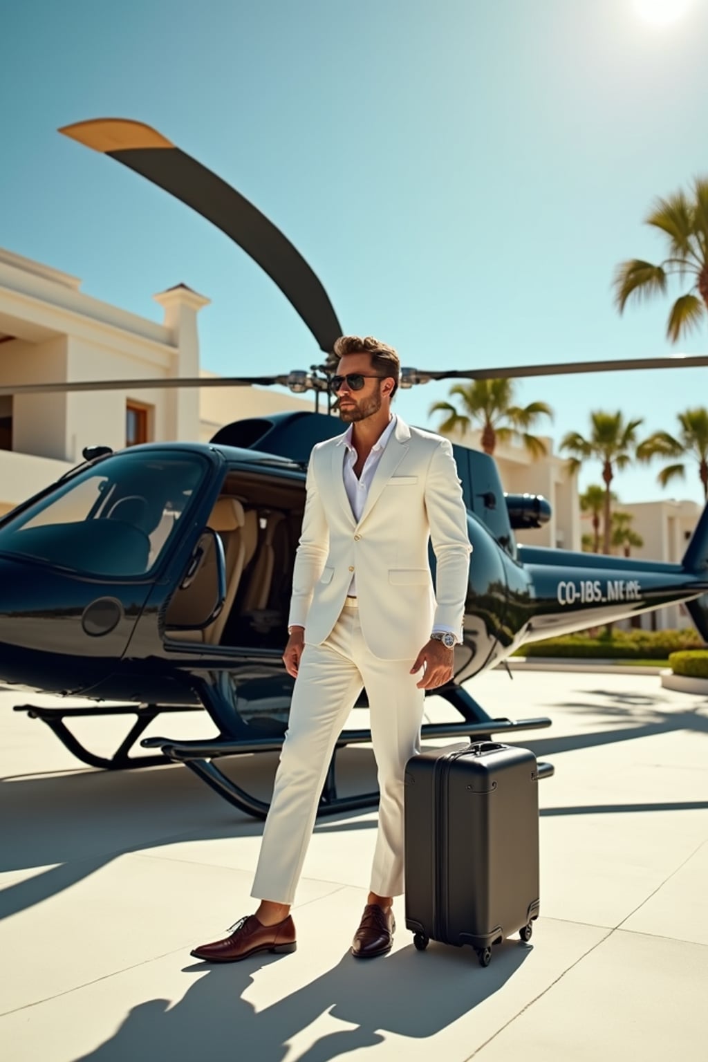 Full-body shot of a man stepping confidently away from a sleek, black helicopter on a luxurious helipad. The man is wearing  a tailored white suit with sunglasses, polished dress shoes and a stylish suitcase. The backdrop features a clear sky, palm trees, and a luxurious architectural setting, emphasizing a high-end, elite lifestyle. Dramatic sunlight enhances the glamorous scene