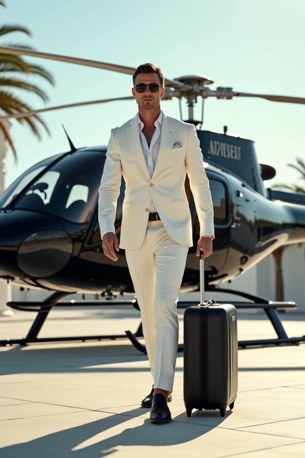 Full-body shot of a man stepping confidently away from a sleek, black helicopter on a luxurious helipad. The man is wearing  a tailored white suit with sunglasses, polished dress shoes and a stylish suitcase. The backdrop features a clear sky, palm trees, and a luxurious architectural setting, emphasizing a high-end, elite lifestyle. Dramatic sunlight enhances the glamorous scene