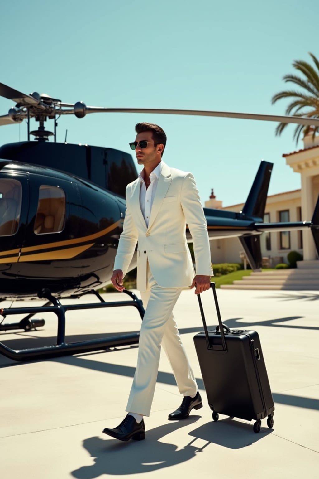 Full-body shot of a man stepping confidently away from a sleek, black helicopter on a luxurious helipad. The man is wearing  a tailored white suit with sunglasses, polished dress shoes and a stylish suitcase. The backdrop features a clear sky, palm trees, and a luxurious architectural setting, emphasizing a high-end, elite lifestyle. Dramatic sunlight enhances the glamorous scene