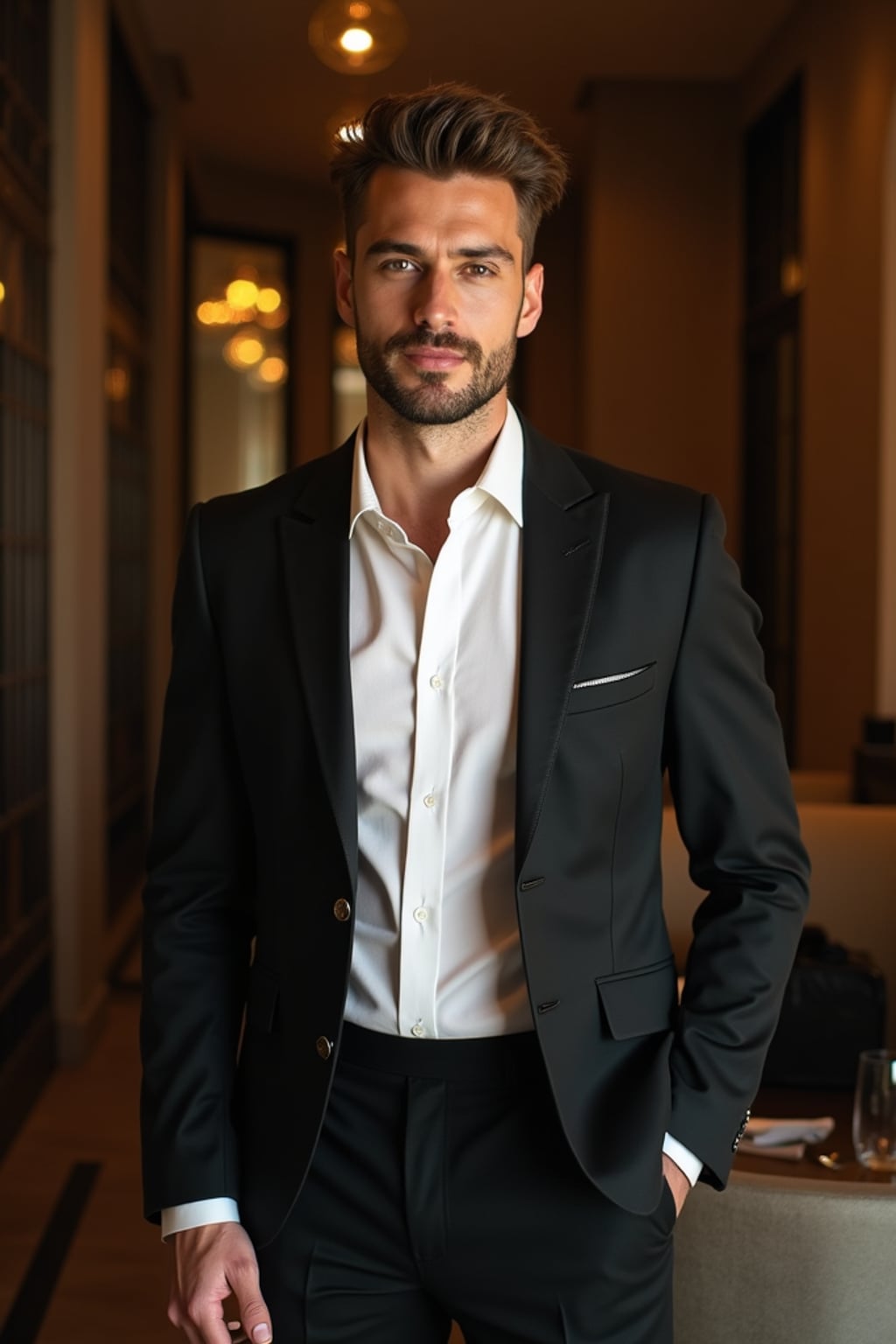 Full-body front view shot of man enjoying a luxury gala dinner, dressed as  a formal dinner jacket with a crisp white shirt. High end luxury restaurant.