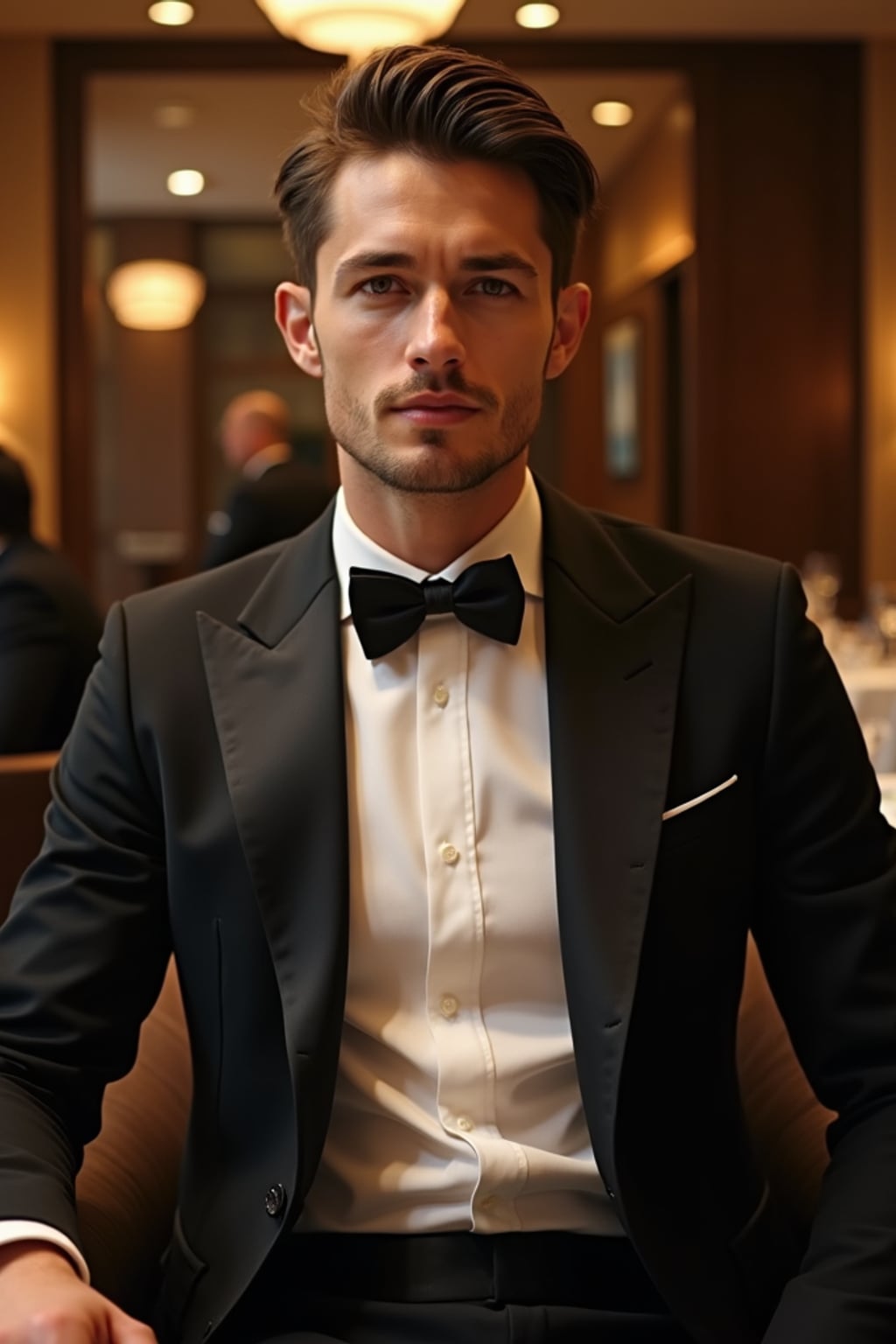 Full-body front view shot of man enjoying a luxury gala dinner, dressed as  a formal dinner jacket with a crisp white shirt. High end luxury restaurant.
