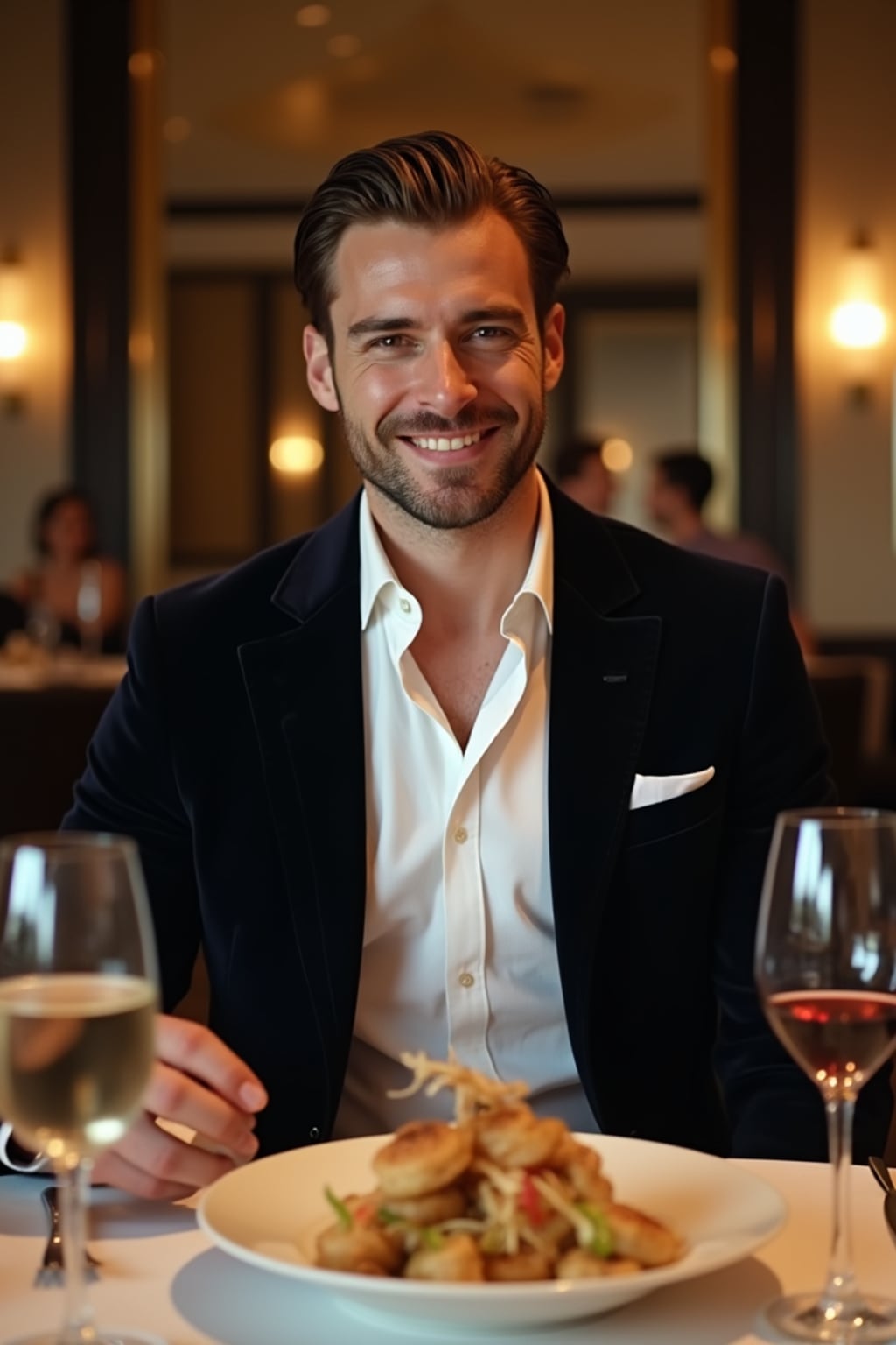 Full-body front view shot of man enjoying a luxury gala dinner, dressed as  a formal dinner jacket with a crisp white shirt. High end luxury restaurant.
