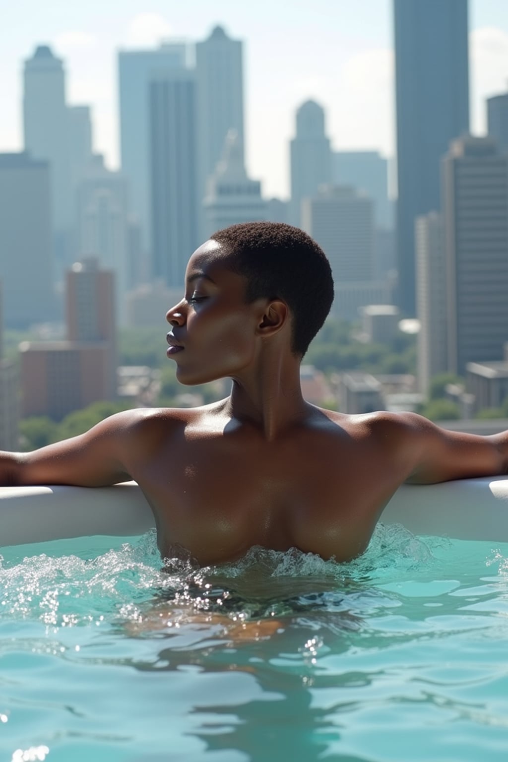 woman relaxing in a rooftop jacuzzi with a modern city skyline in the background. womans leans casually on the edge of the jacuzzi, with water bubbling around them. The backdrop showcases tall skyscrapers and an urban environment under bright daylight, creating a luxurious, high-end vibe.