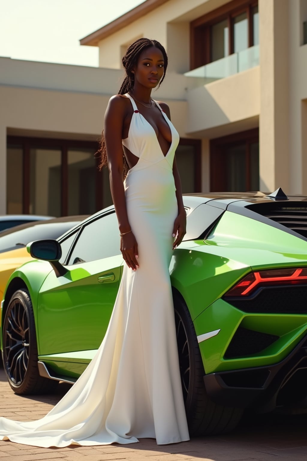 Full-body shot of of woman standing next to a luxury car, wearing an elegant white cocktail dress with high heels . The background features a luxury design villa in Dubai with green, yellow and red sports cars. Vibrant lighting.